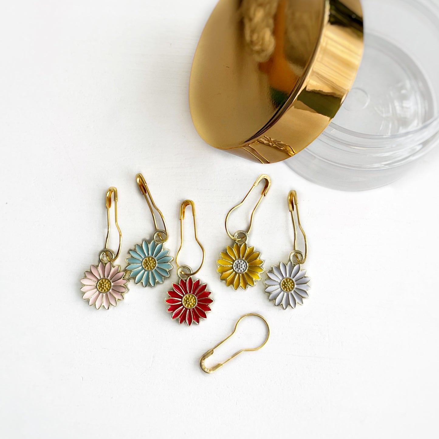 Field of Zinnias Set of 6 Colorful enamel zinnia stitch markers, progress keepers Knit+ Crochet markers +elegant storage jar with secure lid