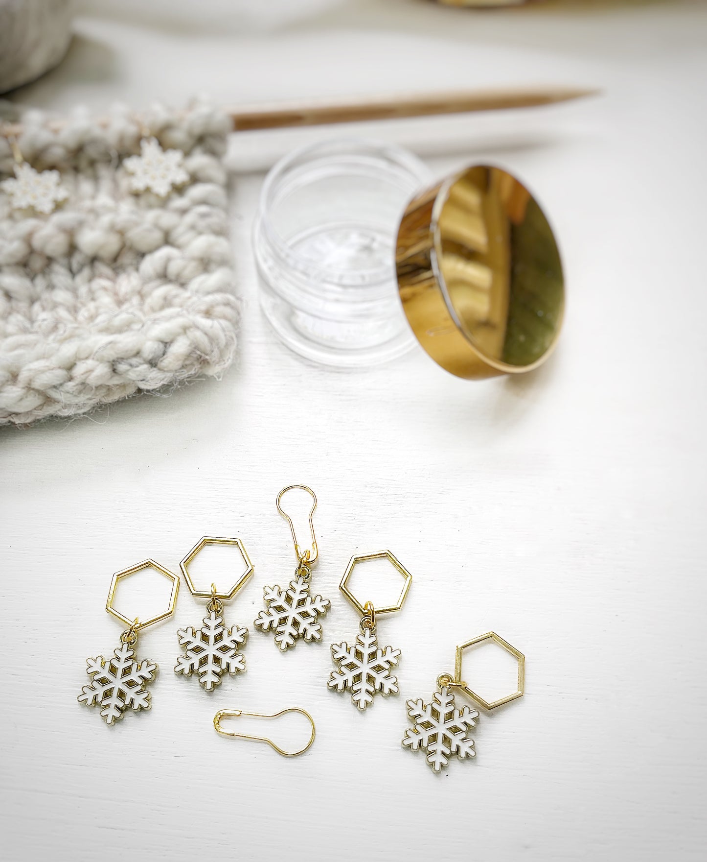 SNOWFLAKE Set of 6 KNIT + CROCHET Stitch Markers, Progress Keepers + elegant storage jar with secure lid