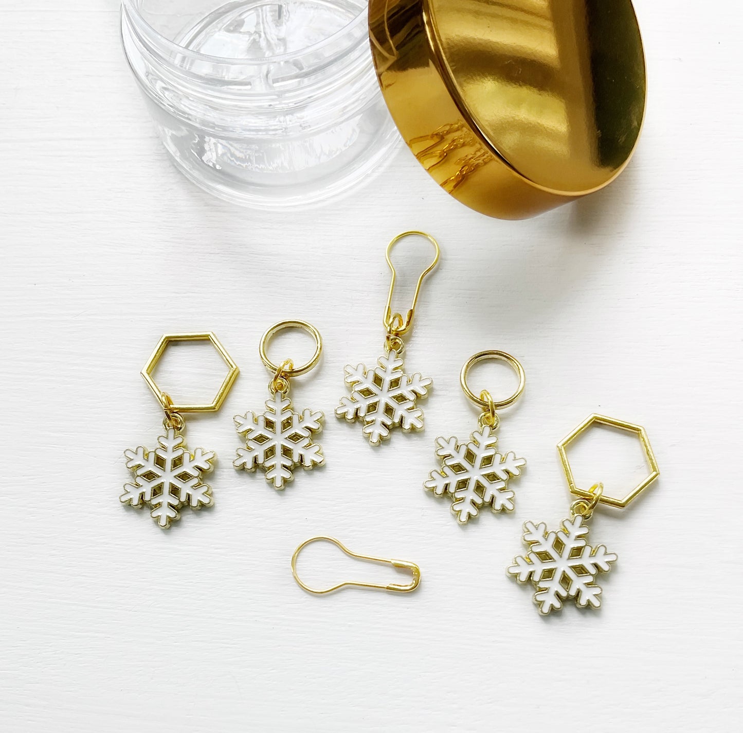 SNOWFLAKE Set of 6 KNIT + CROCHET Stitch Markers, Progress Keepers + elegant storage jar with secure lid