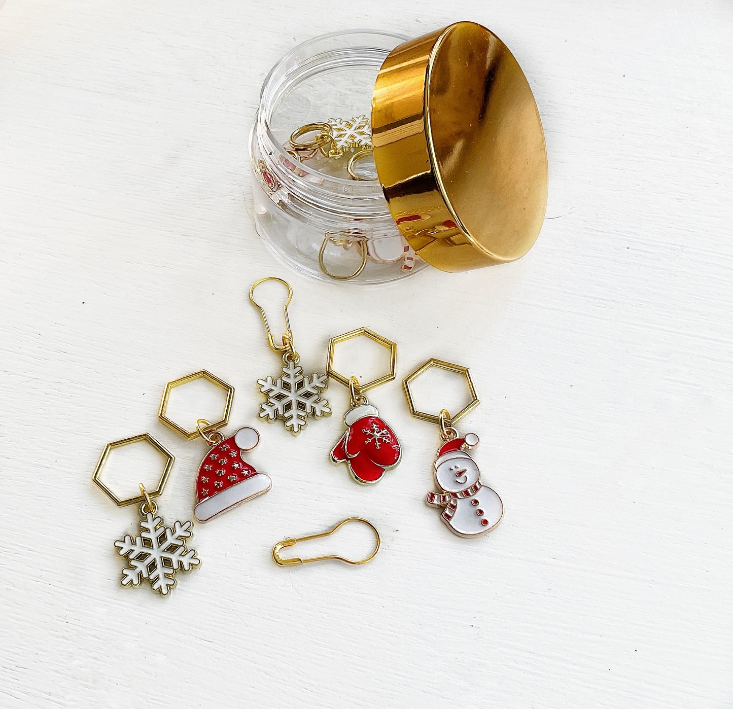 WINTER Set of 6 KNIT +CROCHET stitch markers, Let It Snow Progress Keepers + Elegant storage jar, Christmas Stitch Markers
