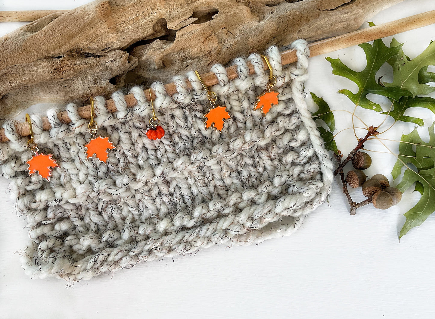 AUTUMN LEAVES + Pumpkin Knit + Crochet set of 6, autumn orange enamel and gold tone stitch markers