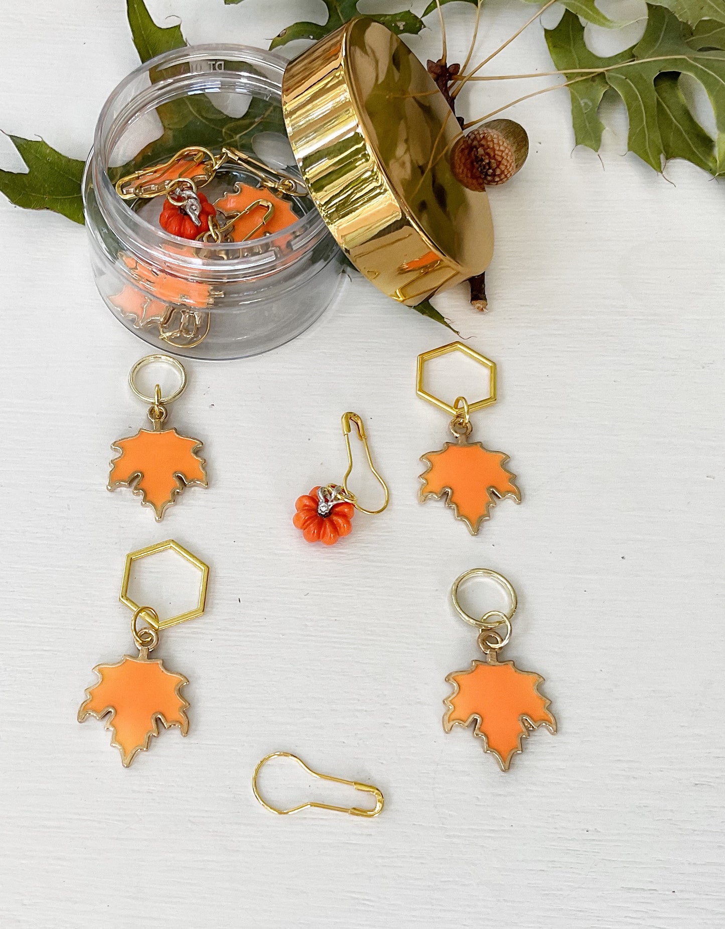 AUTUMN LEAVES + Pumpkin Knit + Crochet set of 6, autumn orange enamel and gold tone stitch markers