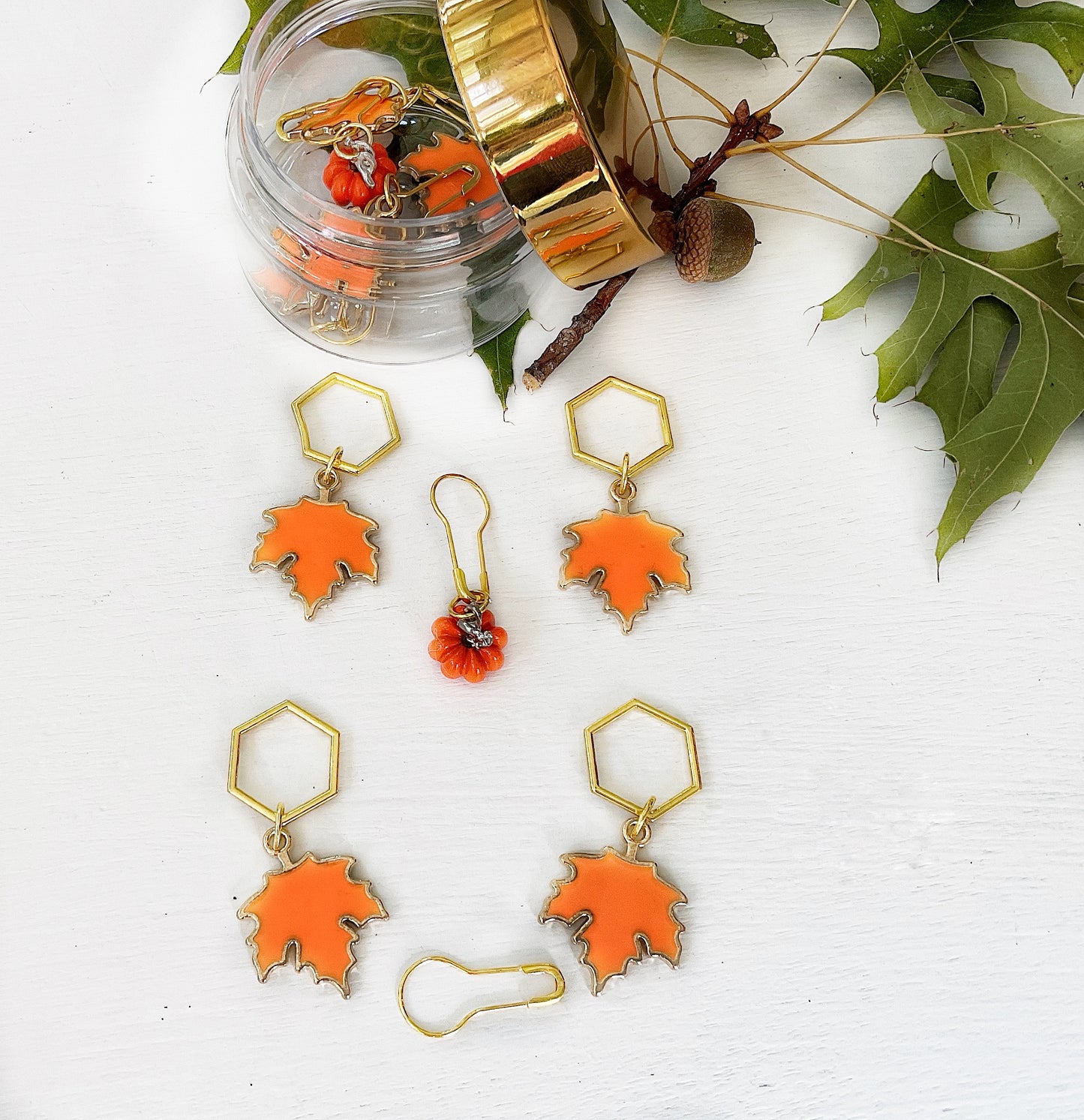 AUTUMN LEAVES + Pumpkin Knit + Crochet set of 6, autumn orange enamel and gold tone stitch markers