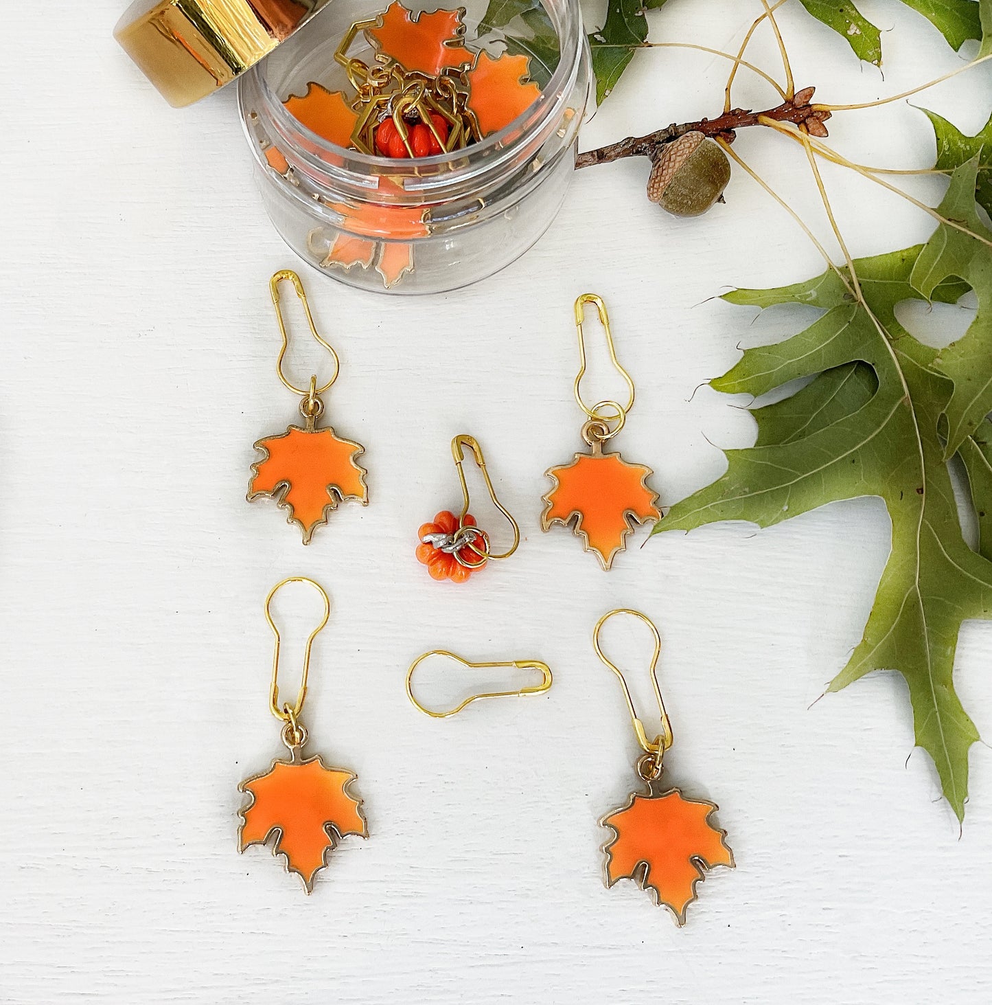 AUTUMN LEAVES + Pumpkin Knit + Crochet set of 6, autumn orange enamel and gold tone stitch markers