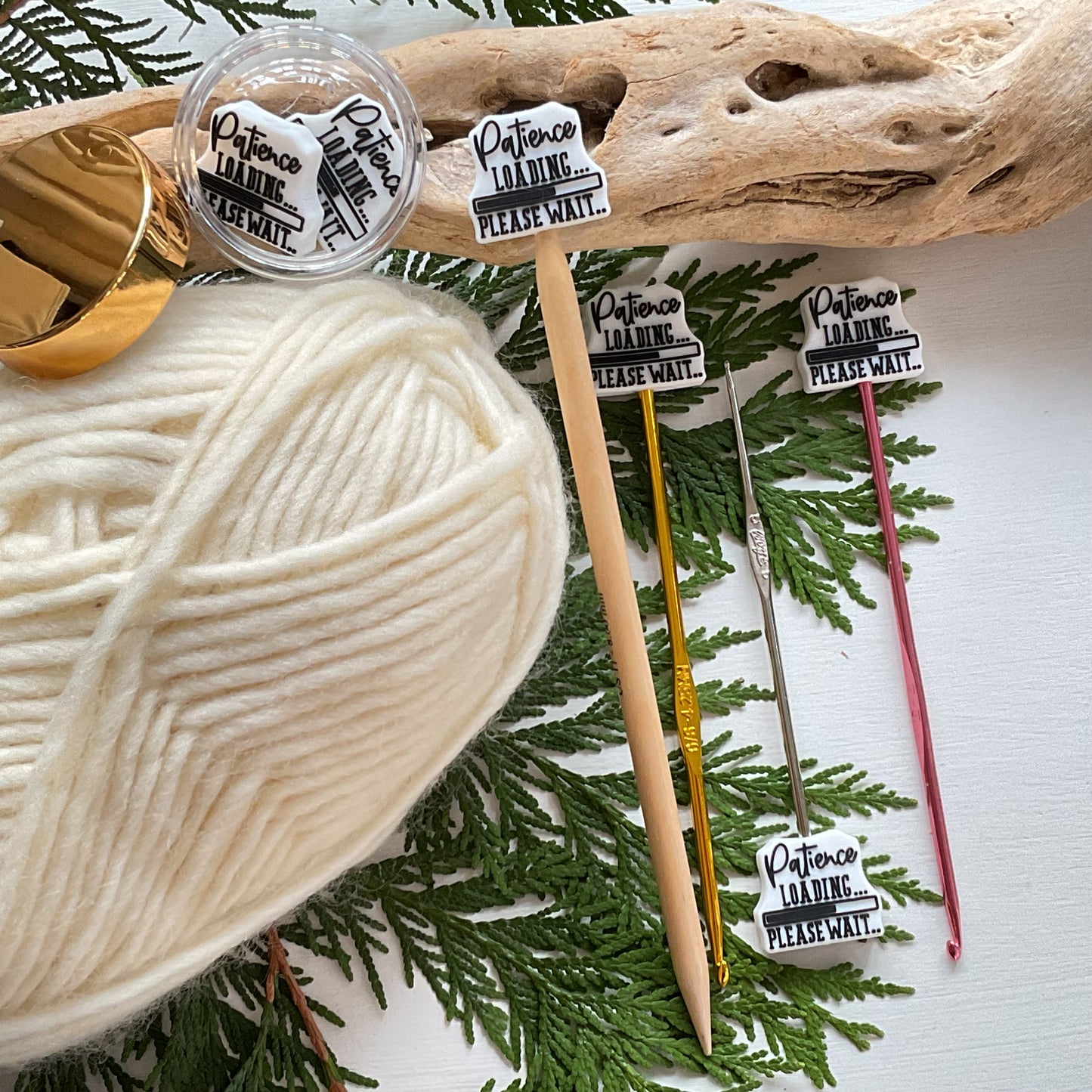 Set of 2 fun knitting needle stitch stoppers, PATIENCE LOADING Please Wait