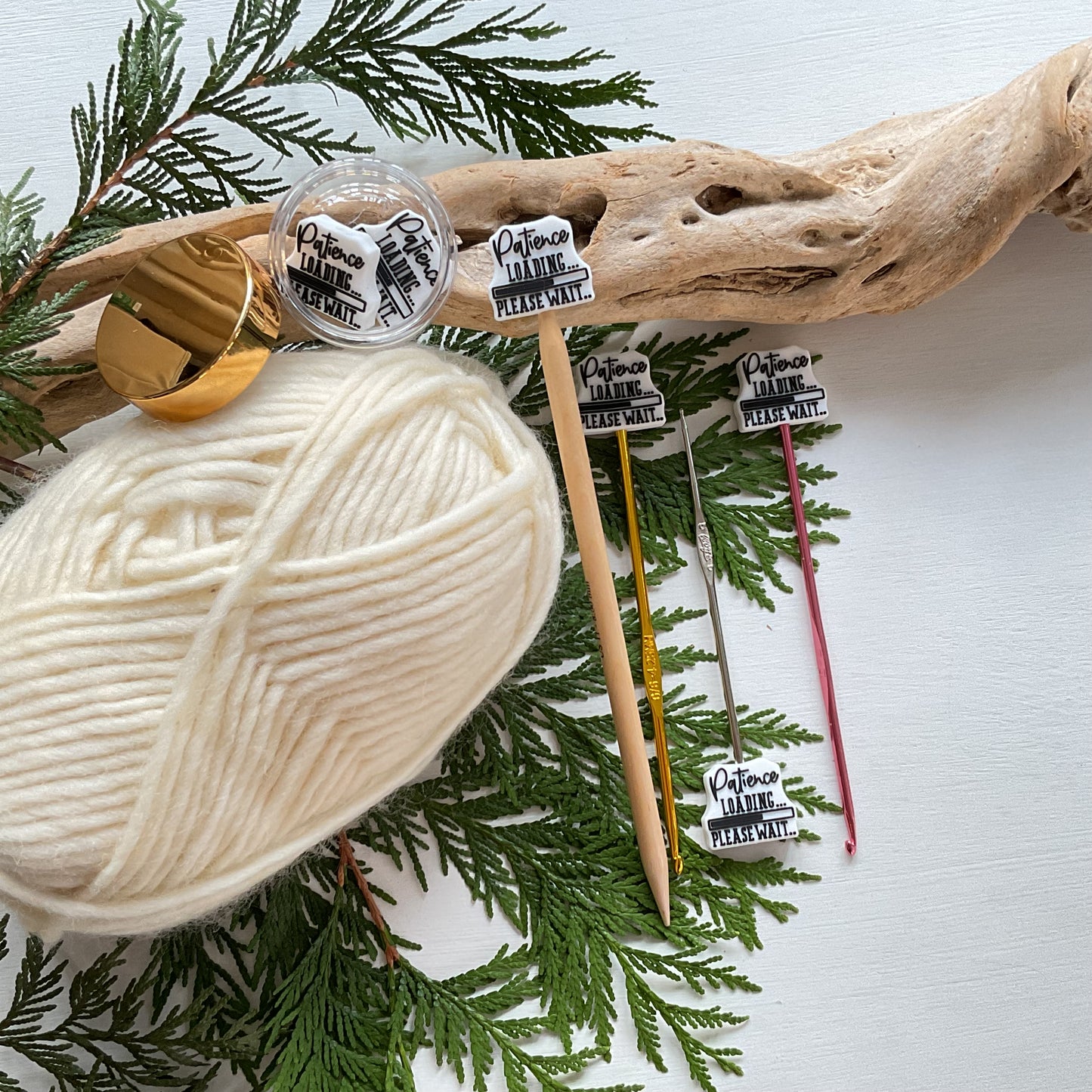 Set of 2 fun knitting needle stitch stoppers, PATIENCE LOADING Please Wait
