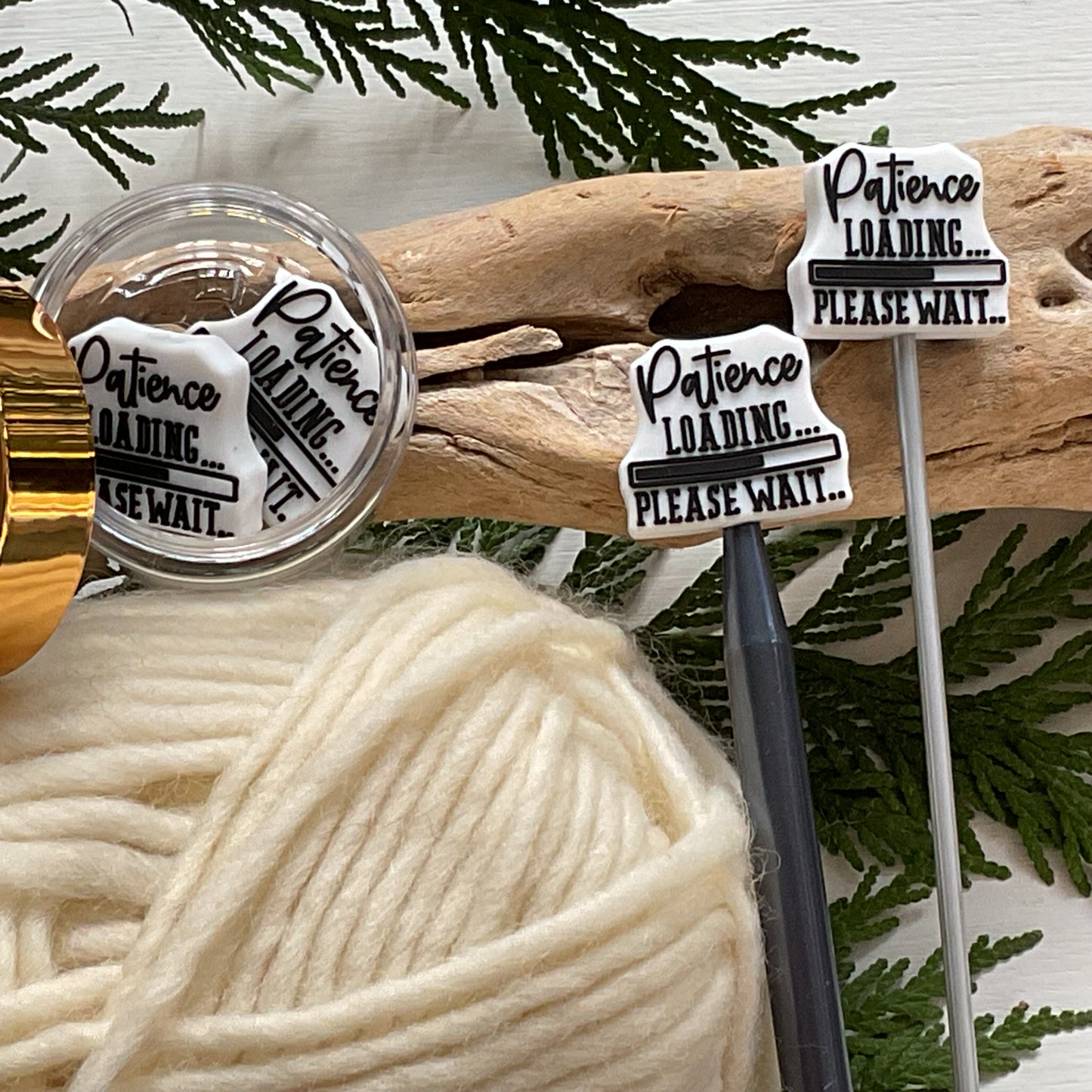 Set of 2 fun knitting needle stitch stoppers, PATIENCE LOADING Please Wait
