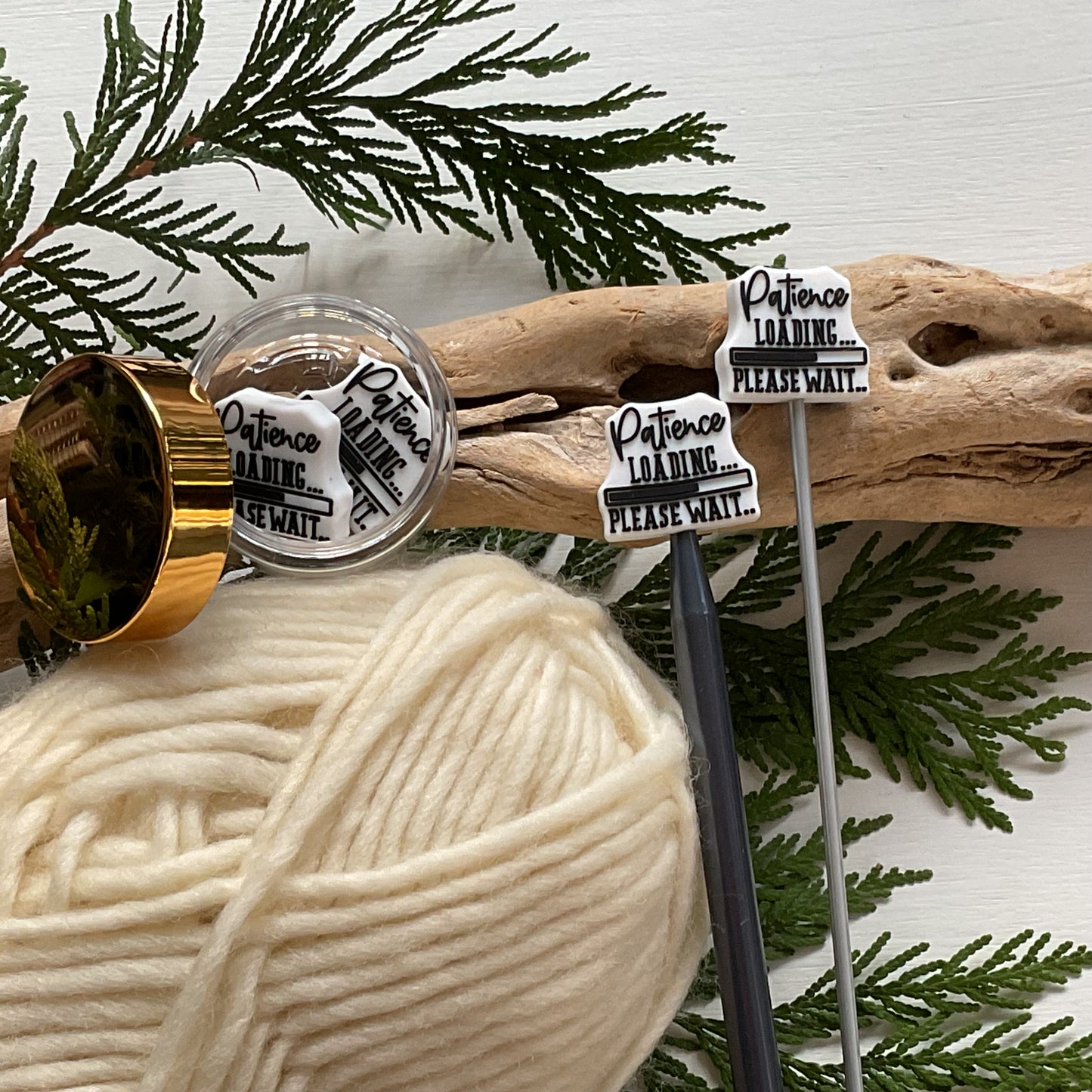Set of 2 fun knitting needle stitch stoppers, PATIENCE LOADING Please Wait