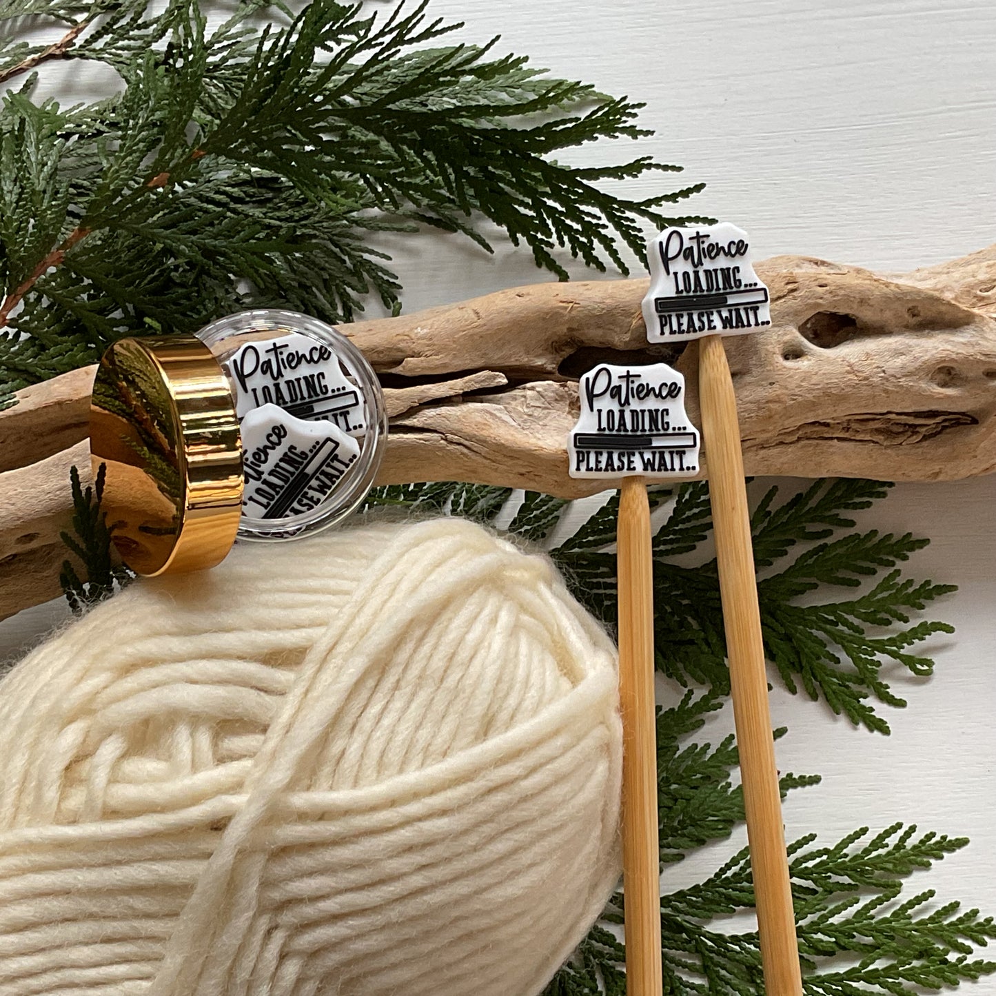 Set of 2 fun knitting needle stitch stoppers, PATIENCE LOADING Please Wait