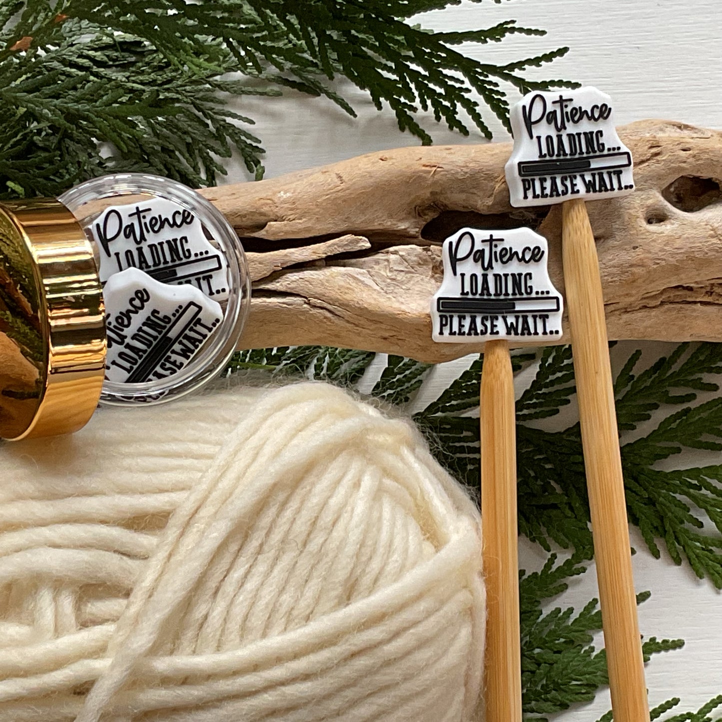 Set of 2 fun knitting needle stitch stoppers, PATIENCE LOADING Please Wait
