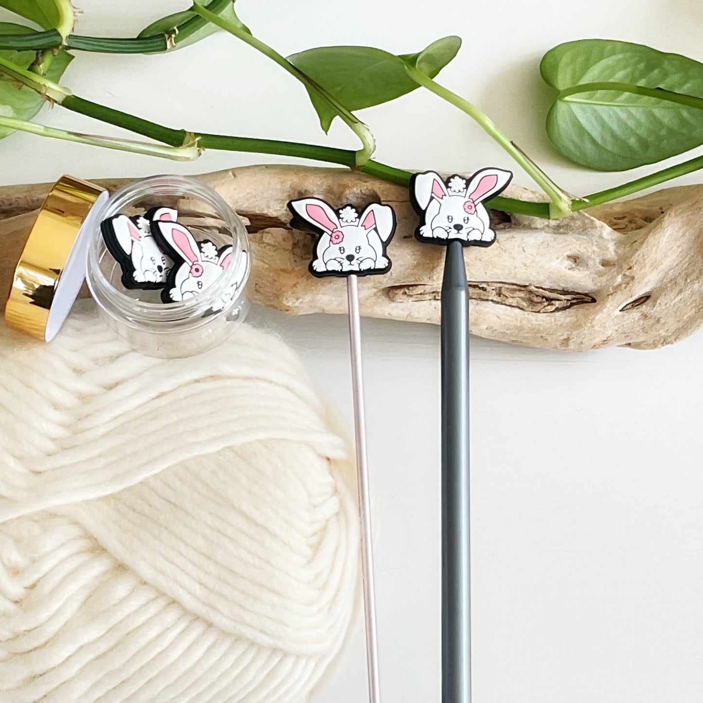 POUNCING RABBIT, BUNNY, Set of 2 knitting needle point protectors, Crochet Hook buddies, put your knitting down & keep your stitches safe
