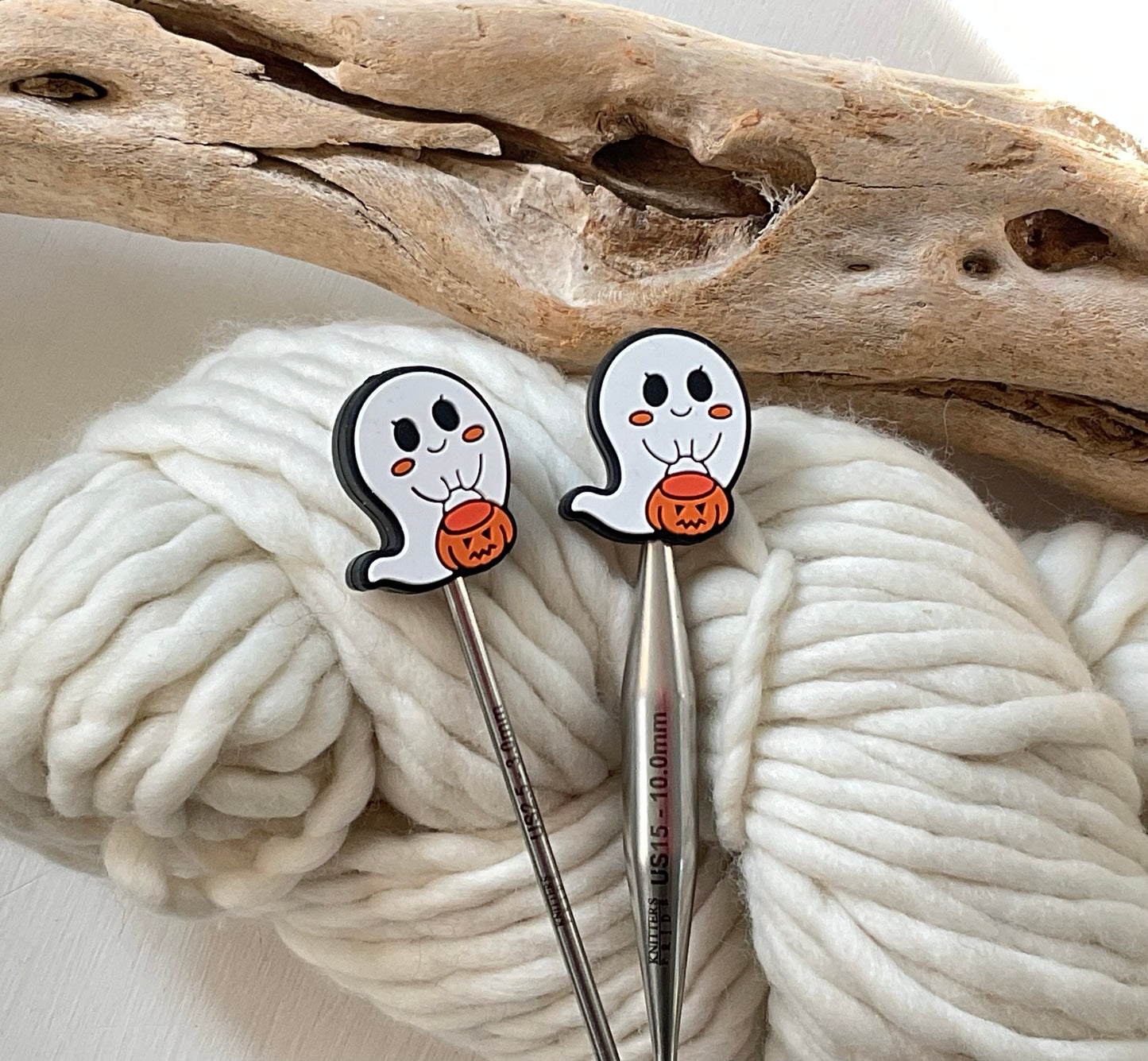 Knitting Stitch Stoppers, TRICK or TREAT cute Ghost HALLOWEEN Set of 2 knitting needle point protectors/ Knit tools Autumn +Fun Knit