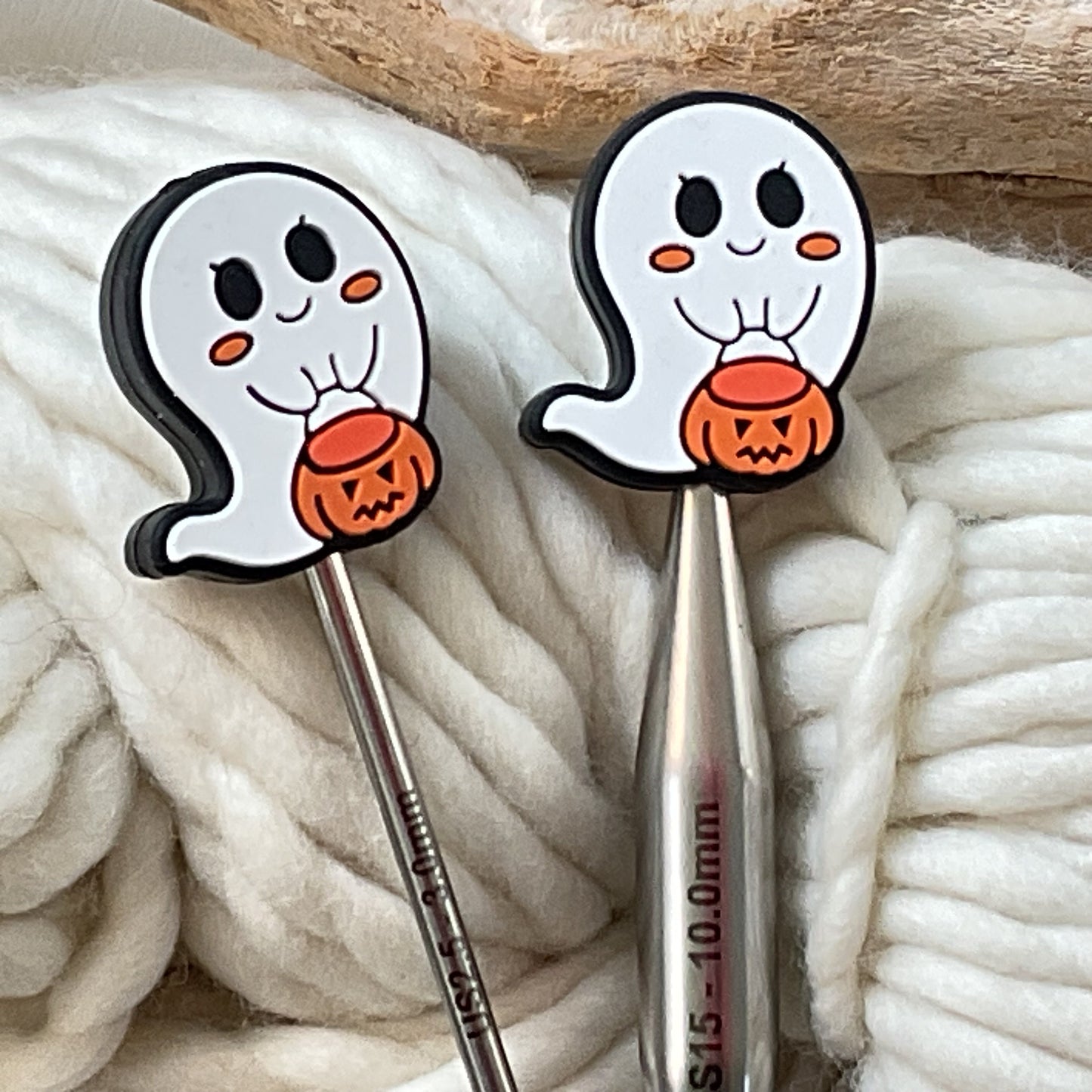 Knitting Stitch Stoppers, TRICK or TREAT cute Ghost HALLOWEEN Set of 2 knitting needle point protectors/ Knit tools Autumn +Fun Knit