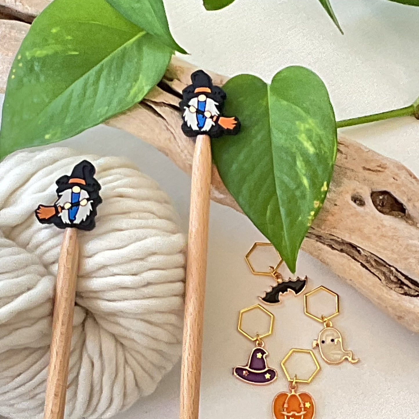 Knitting Stitch Stoppers, BROOM RIDING GNOMES Halloween Set of 2 knitting needle point protectors/ Knit tools Autumn +Fun Knit
