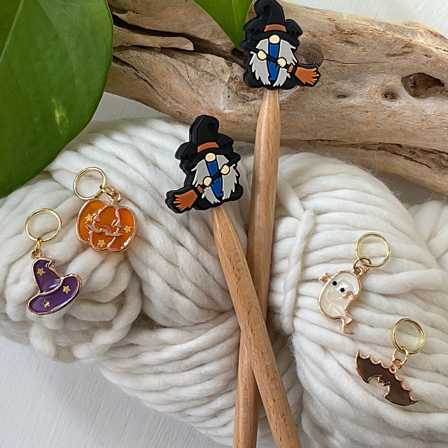 Knitting Stitch Stoppers, BROOM RIDING GNOMES Halloween Set of 2 knitting needle point protectors/ Knit tools Autumn +Fun Knit