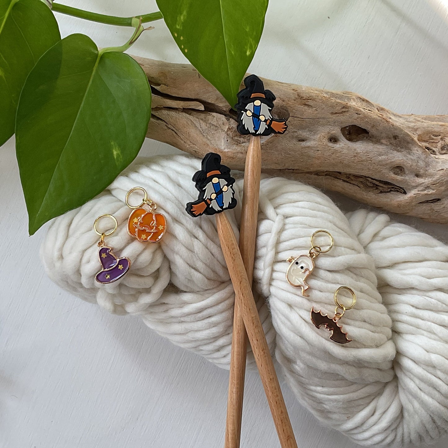 Knitting Stitch Stoppers, BROOM RIDING GNOMES Halloween Set of 2 knitting needle point protectors/ Knit tools Autumn +Fun Knit