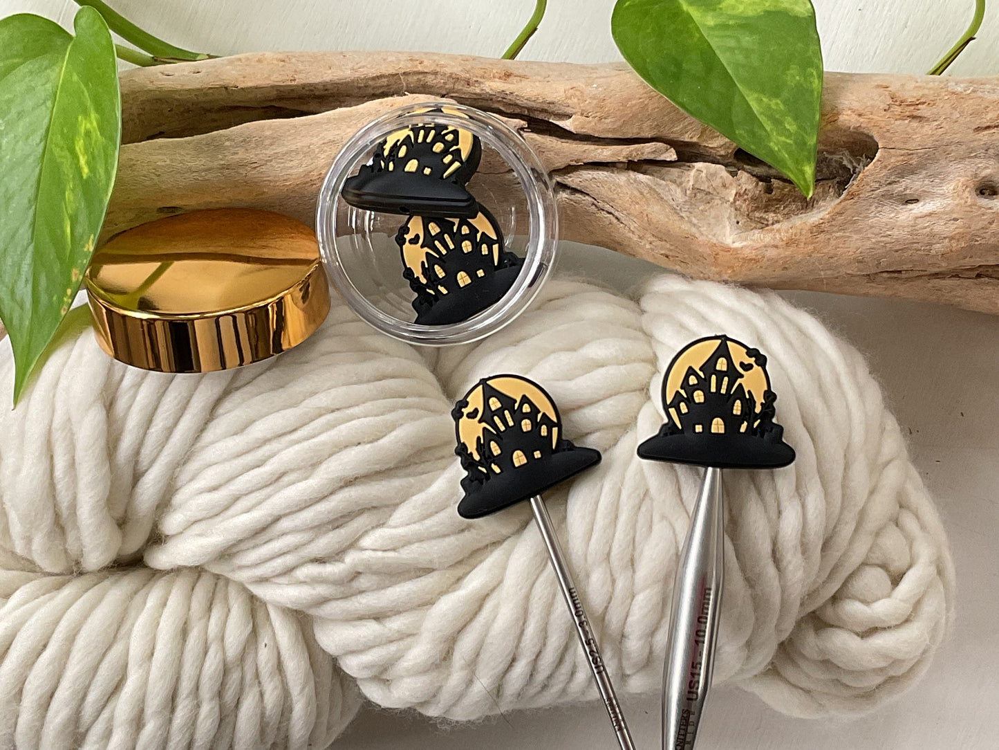 SPOOKY HAUNTED HOUSE Mansion Stitch stoppers + Bat Stitch marker, Set of 2 knitting needle point protectors Knit tools Halloween + Fun Knits