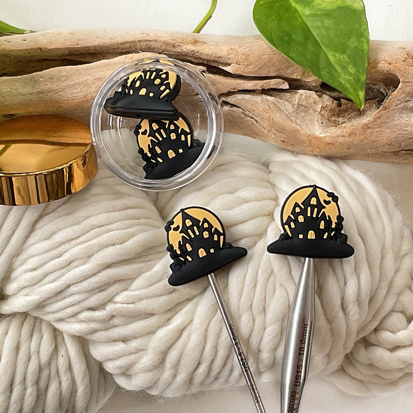SPOOKY HAUNTED HOUSE Mansion Stitch stoppers + Bat Stitch marker, Set of 2 knitting needle point protectors Knit tools Halloween + Fun Knits