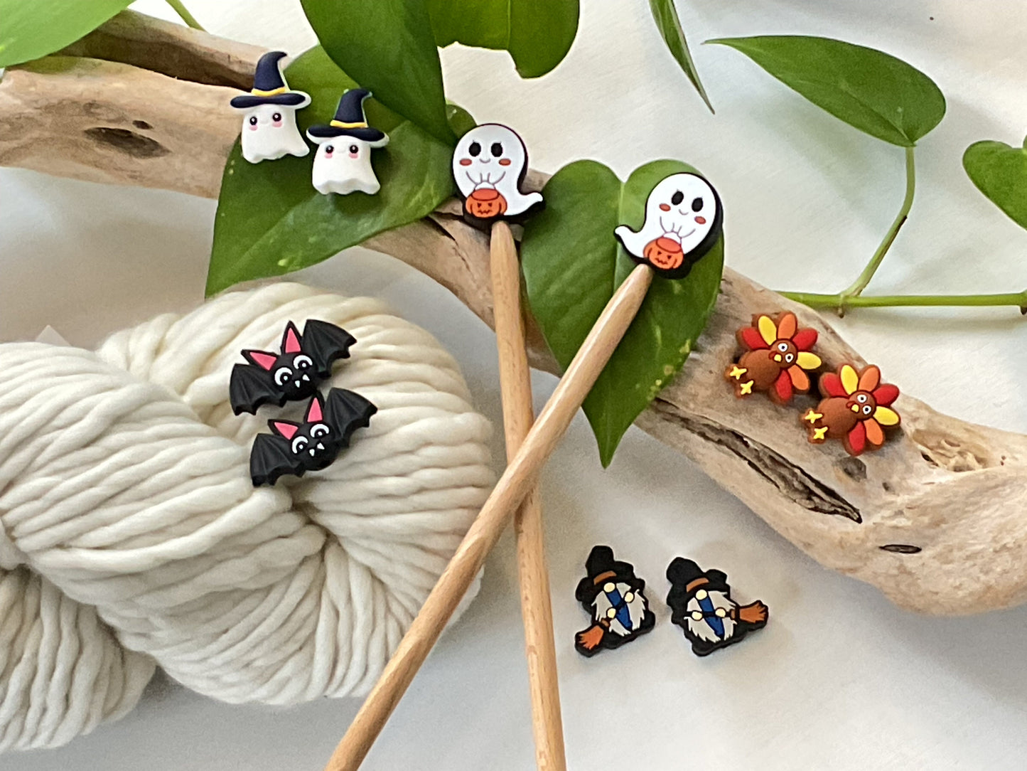 Knitting Stitch Stoppers, BROOM RIDING GNOMES Halloween Set of 2 knitting needle point protectors/ Knit tools Autumn +Fun Knit