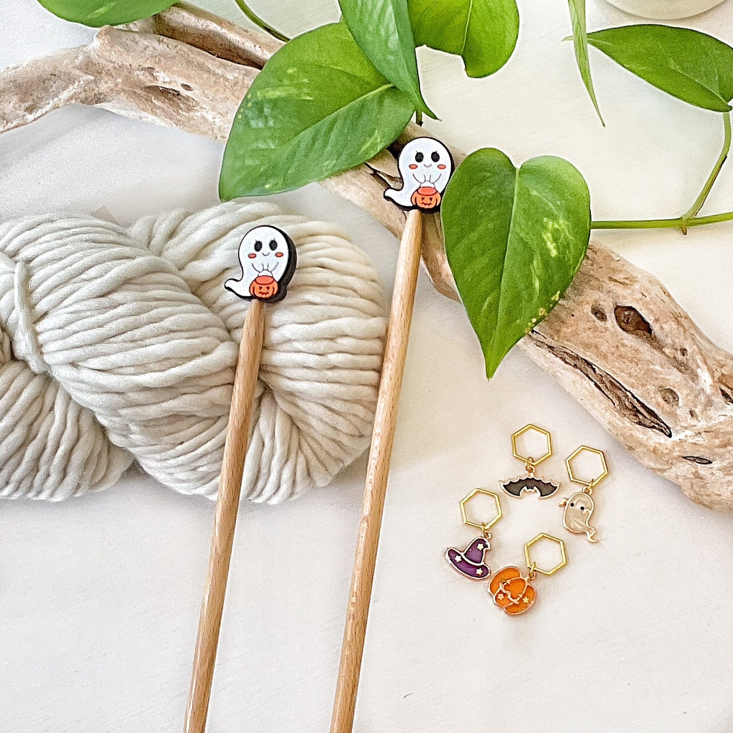 Knitting Stitch Stoppers, TRICK or TREAT cute Ghost HALLOWEEN Set of 2 knitting needle point protectors/ Knit tools Autumn +Fun Knit