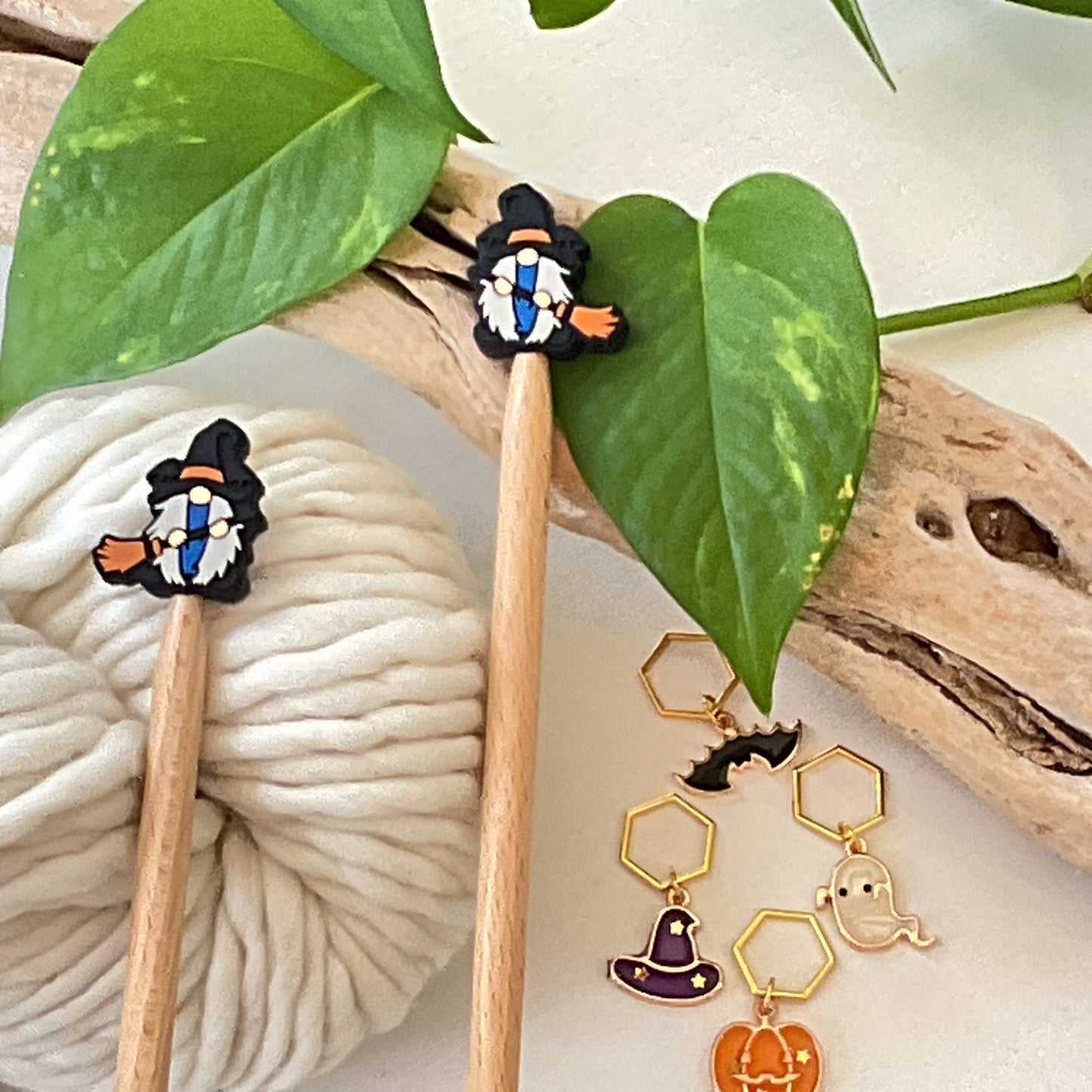 Knitting Stitch Stoppers, BROOM RIDING GNOMES Halloween Set of 2 knitting needle point protectors/ Knit tools Autumn +Fun Knit