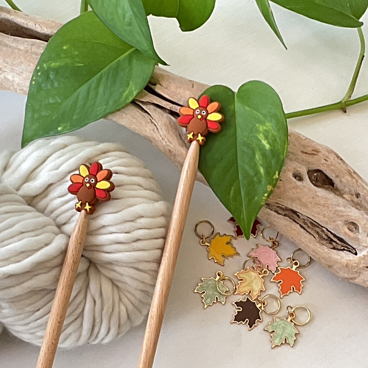 Knitting Stitch Stoppers, ADORABLE MULTICOLOR TURKEYS Set of 2 knitting needle point protectors/ Knit tools Autumn +Fun Knit