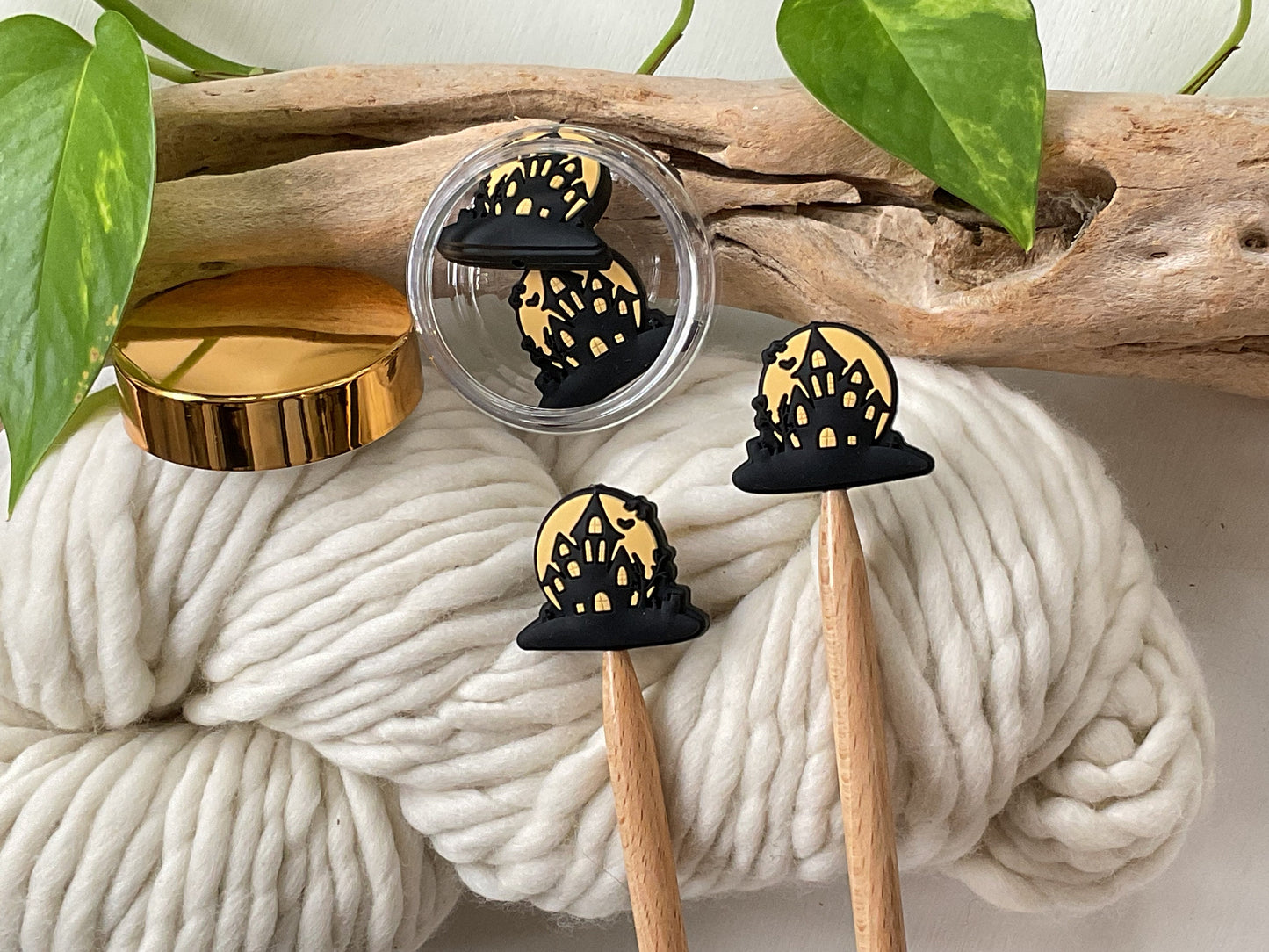 SPOOKY HAUNTED HOUSE Mansion Stitch stoppers + Bat Stitch marker, Set of 2 knitting needle point protectors Knit tools Halloween + Fun Knits