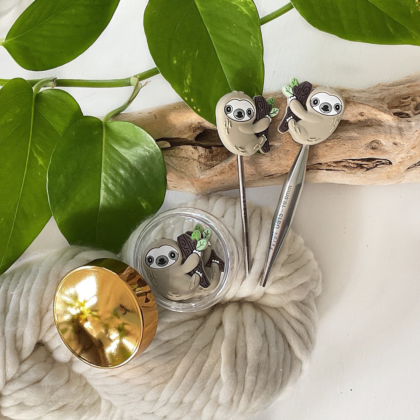 Knitting Needle Stitch Stoppers/Point Protectors, sweet, lovable Sloth hanging in his tree, Light Grey color, Set of 2, storage jar optional