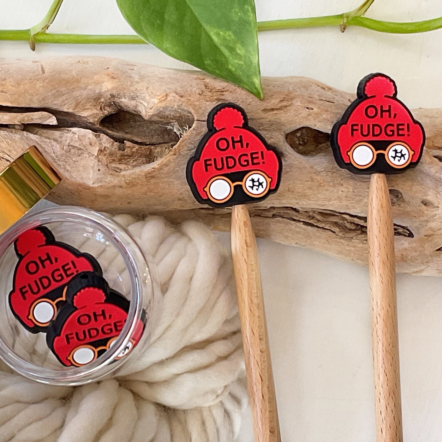 Knitting Stitch Stoppers, OH FUDGE with RED Tossel Cap, Christmas Set of 2 knitting needle point protectors/ Ralphie Holiday +Fun Knits