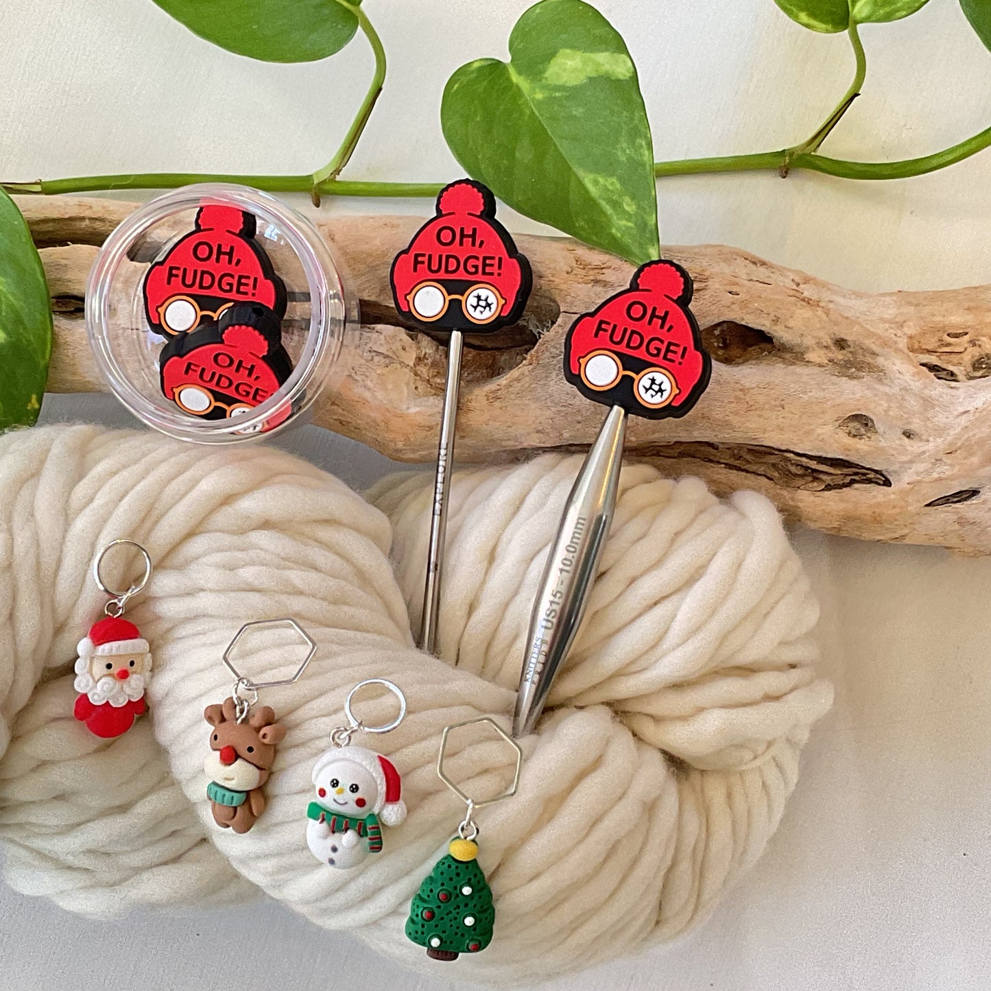 Knitting Stitch Stoppers, OH FUDGE with RED Tossel Cap, Christmas Set of 2 knitting needle point protectors/ Ralphie Holiday +Fun Knits