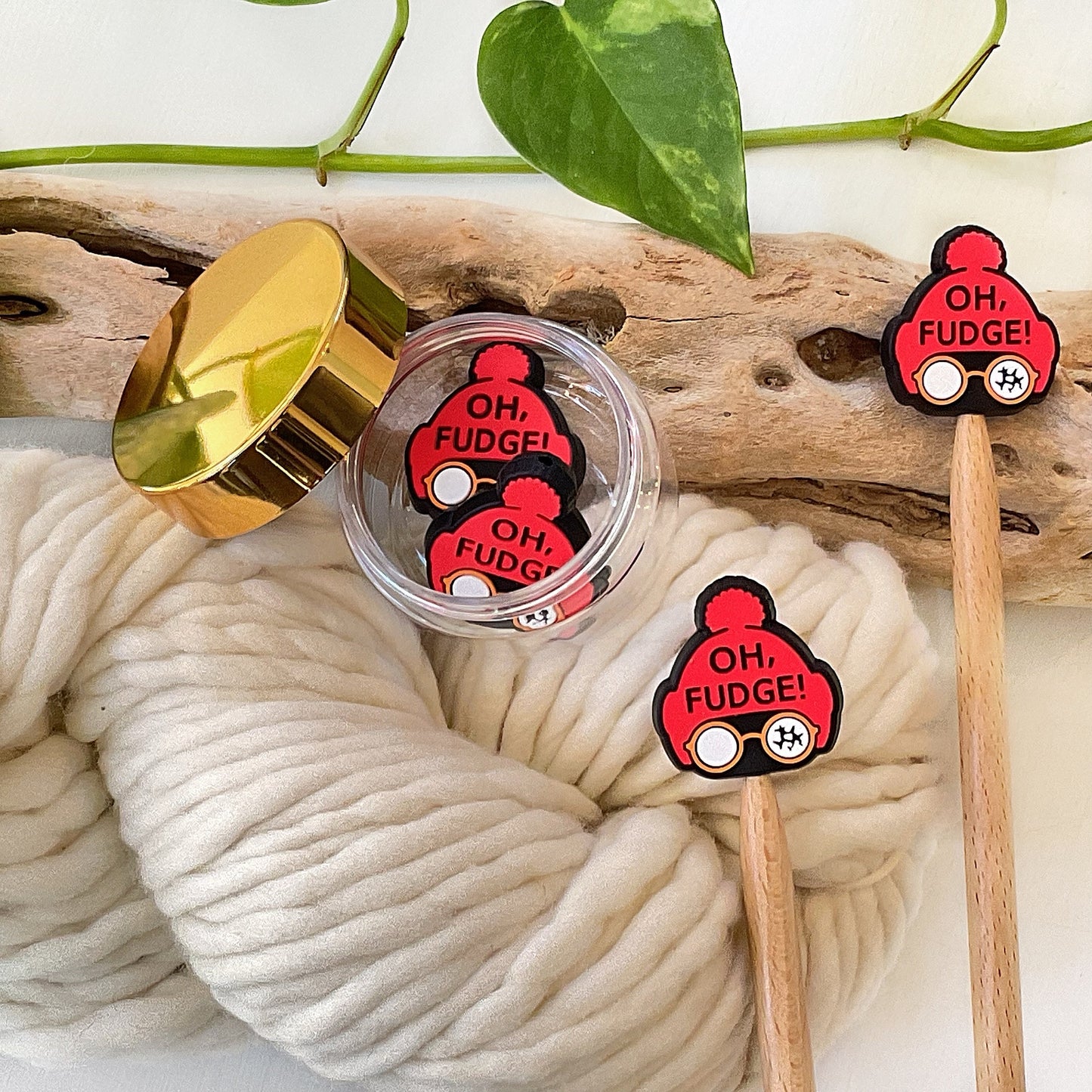 Knitting Stitch Stoppers, OH FUDGE with RED Tossel Cap, Christmas Set of 2 knitting needle point protectors/ Ralphie Holiday +Fun Knits