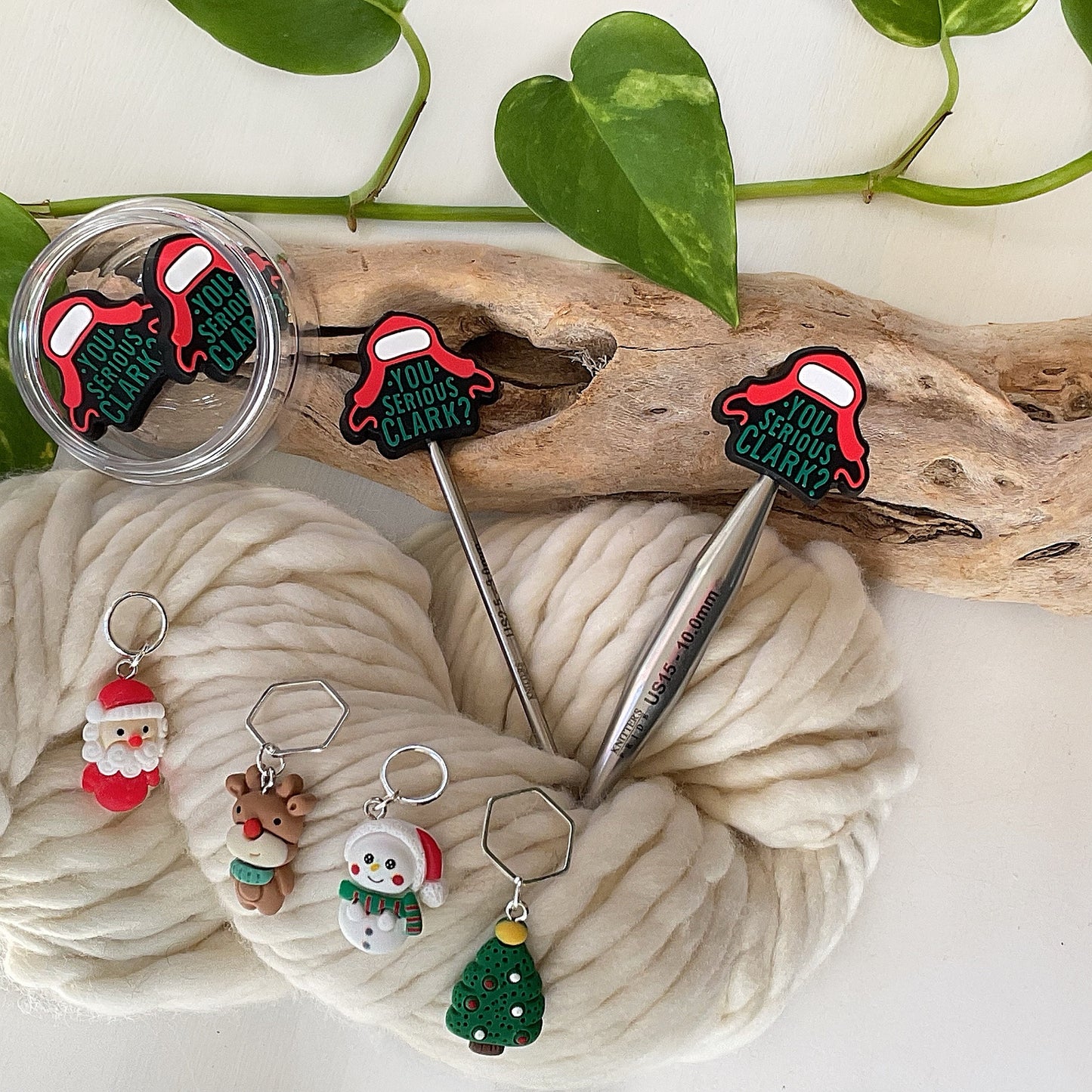 Knitting Stitch Stoppers, YOU SERIOUS, CLARK Red Cap, Christmas Set of 2 knitting needle point protectors Cousin Edddie +Fun Knits