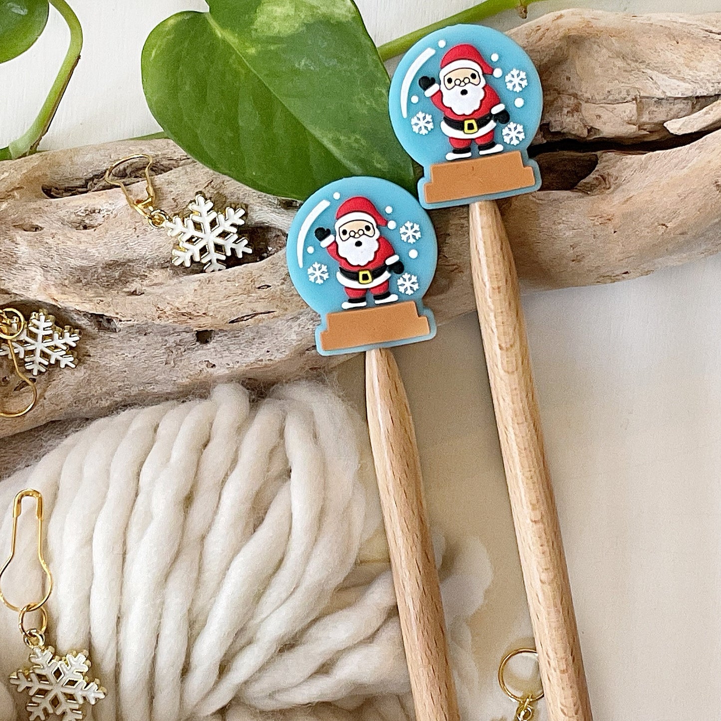 HAPPY SANTA SNOWGLOBE, Festive set of 2 stitch stoppers, knitting needle point protectors Celebrate Winter Holidays