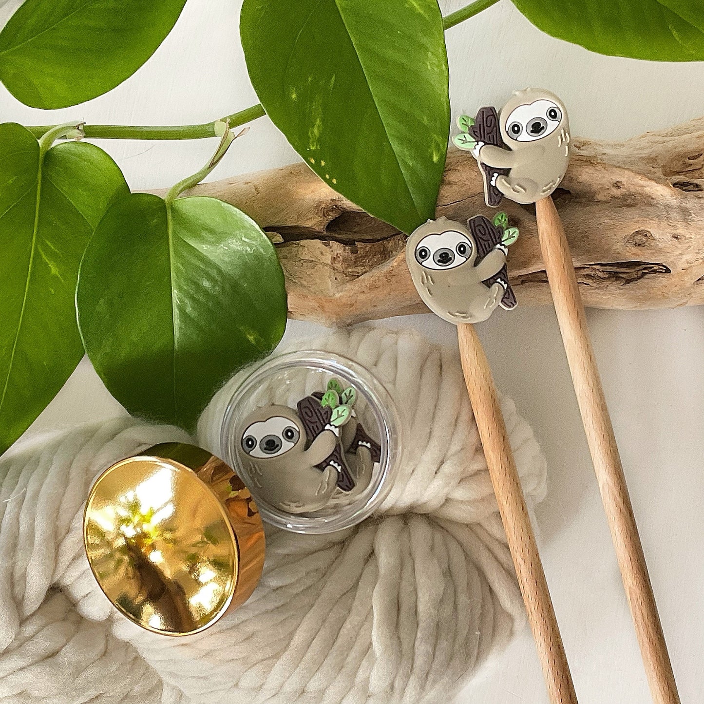 Knitting Needle Stitch Stoppers/Point Protectors, sweet, lovable Sloth hanging in his tree, Light Grey color, Set of 2, storage jar optional
