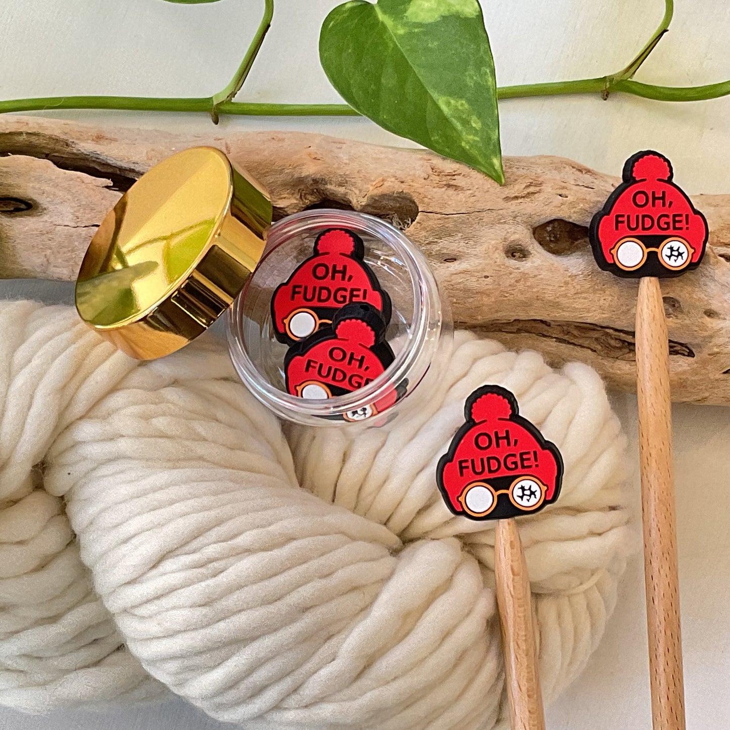 Knitting Stitch Stoppers, OH FUDGE with RED Tossel Cap, Christmas Set of 2 knitting needle point protectors/ Ralphie Holiday +Fun Knits