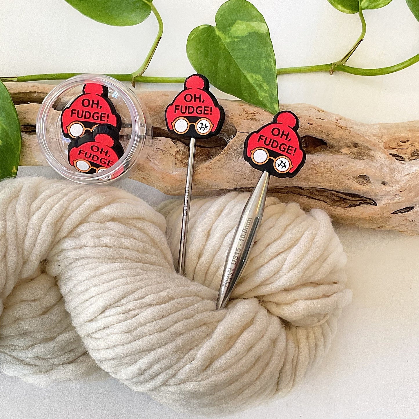 Knitting Stitch Stoppers, OH FUDGE with RED Tossel Cap, Christmas Set of 2 knitting needle point protectors/ Ralphie Holiday +Fun Knits