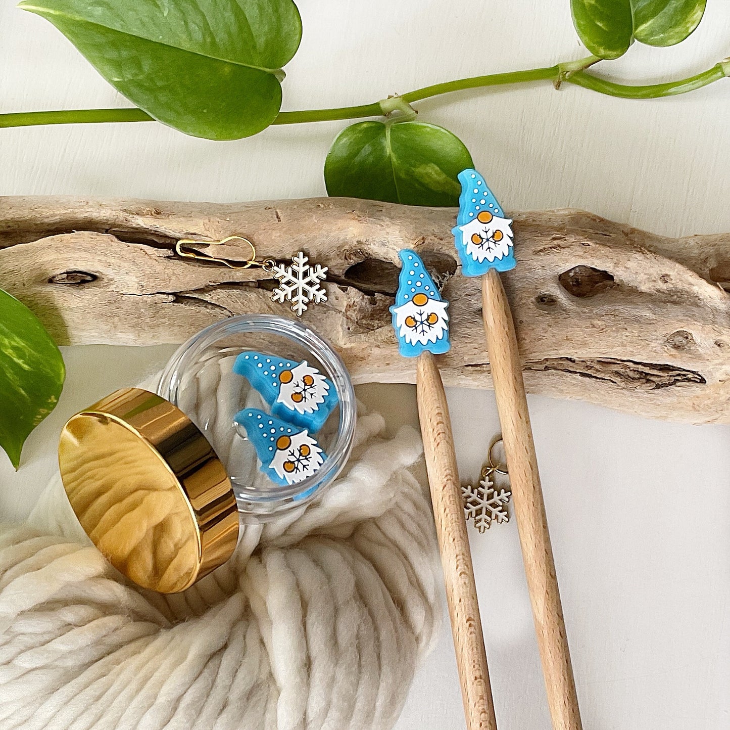 Knitting Stitch Stoppers, WINTER SNOWFLAKE GNOME, Frosty blue, Christmas Set of 2 knitting needle point protectors/ Holiday,Snowy, X-mas