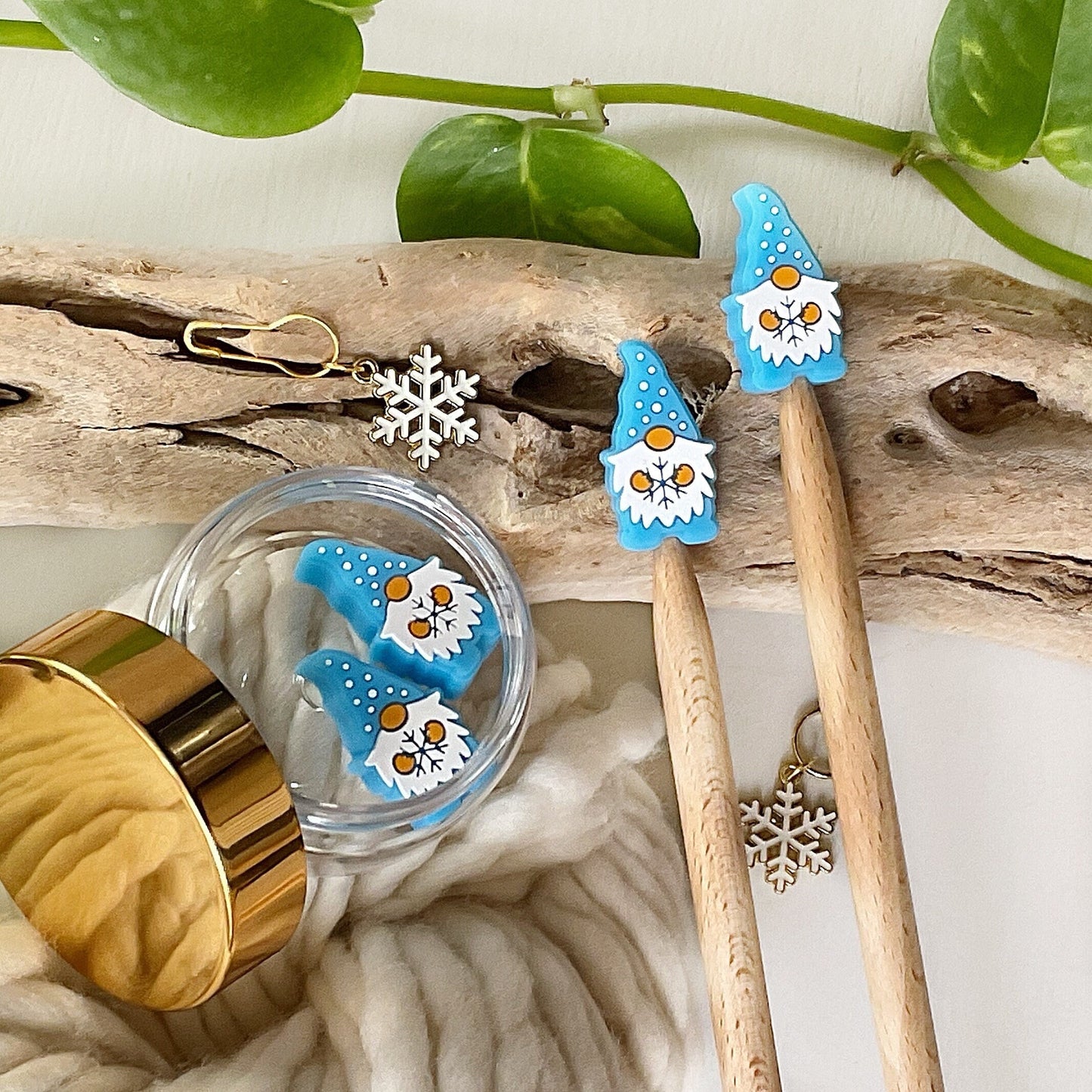 Knitting Stitch Stoppers, WINTER SNOWFLAKE GNOME, Frosty blue, Christmas Set of 2 knitting needle point protectors/ Holiday,Snowy, X-mas