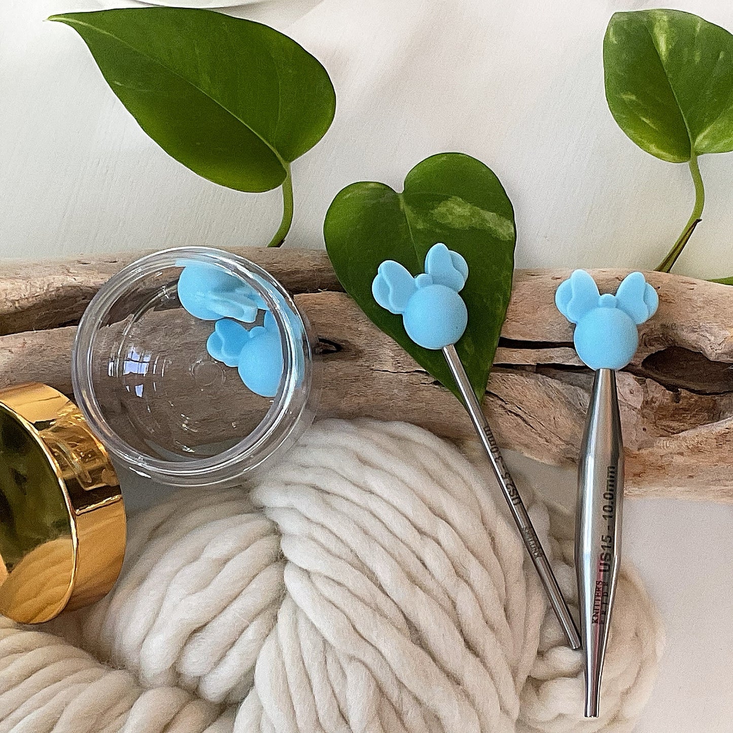 Knitting Stitch Stoppers, Cute Mouse Ears stitch stoppers, Minnie Head Set of 2 knitting needle point protectors, choice of 5 colors