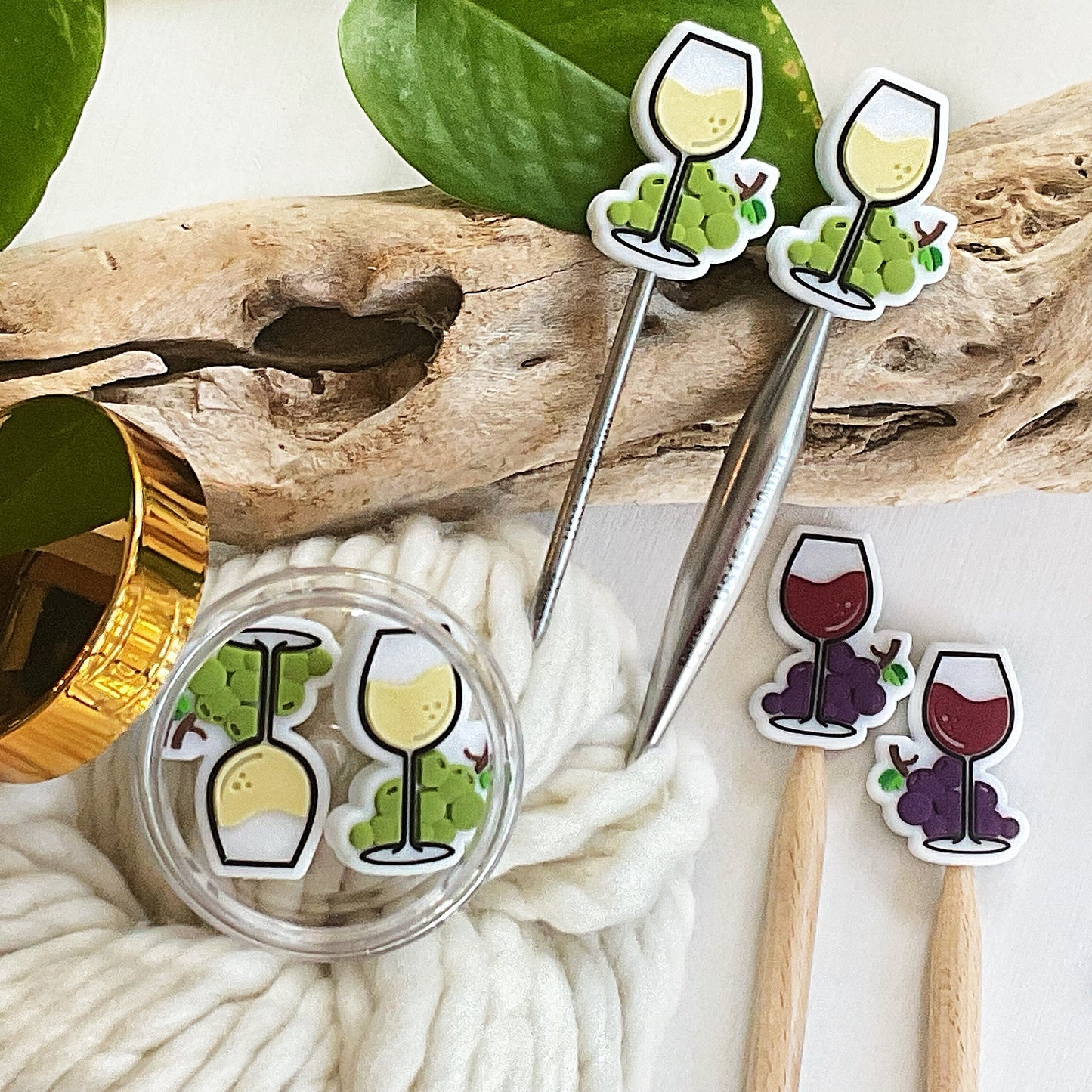 Knitting Stitch Stoppers, CHEERS glass of RED wine stitch stoppers, Toast, white and red wine Set of 2 knitting needle point protectors