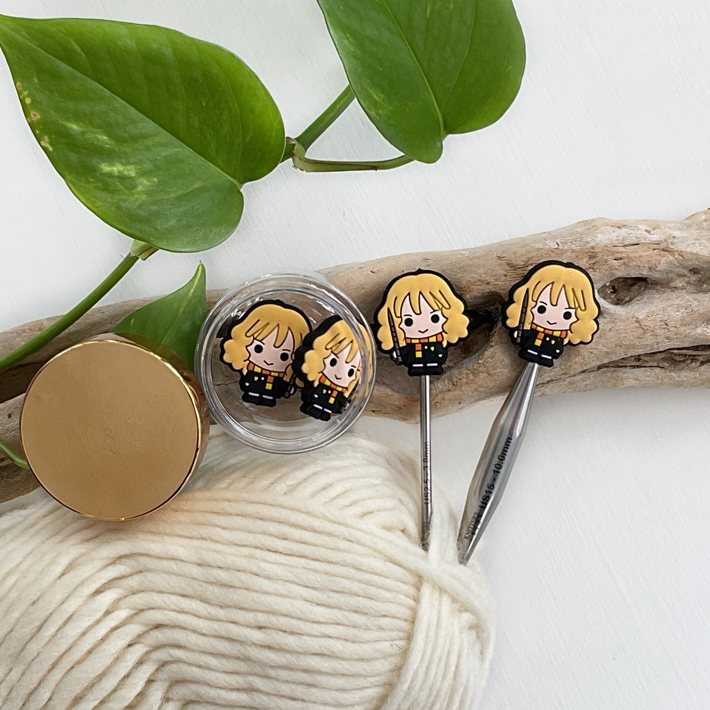 Blonde Wizard Knitting Stitch Stoppers, Girl Wizard, Set of 2 knitting needle point protectors, Wizard School student,