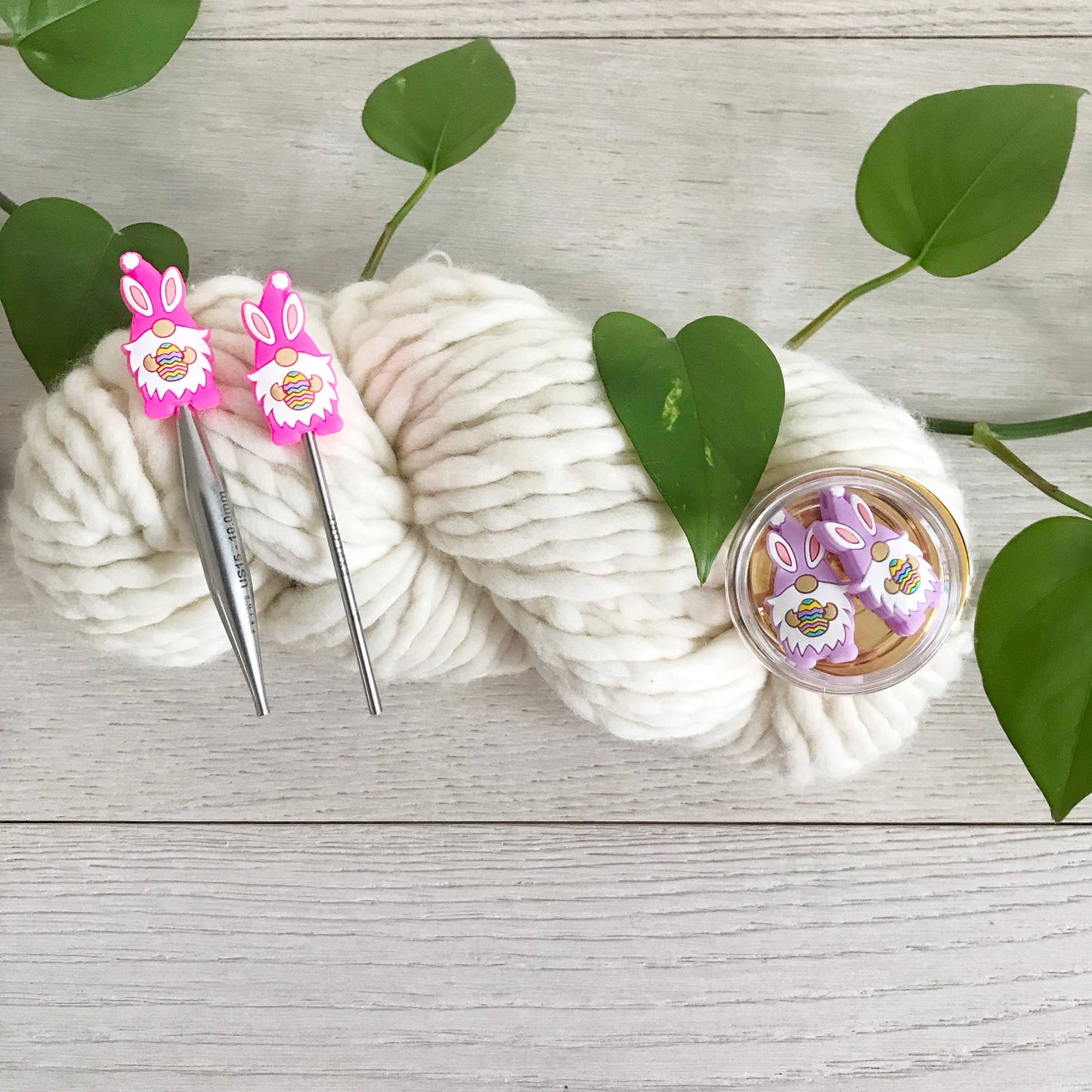 Colorful Easter Bunny Gnomes holding Easter Eggs, knitting needle buddy, Set of 2 Festive stitch stoppers, knitting needle point protectors