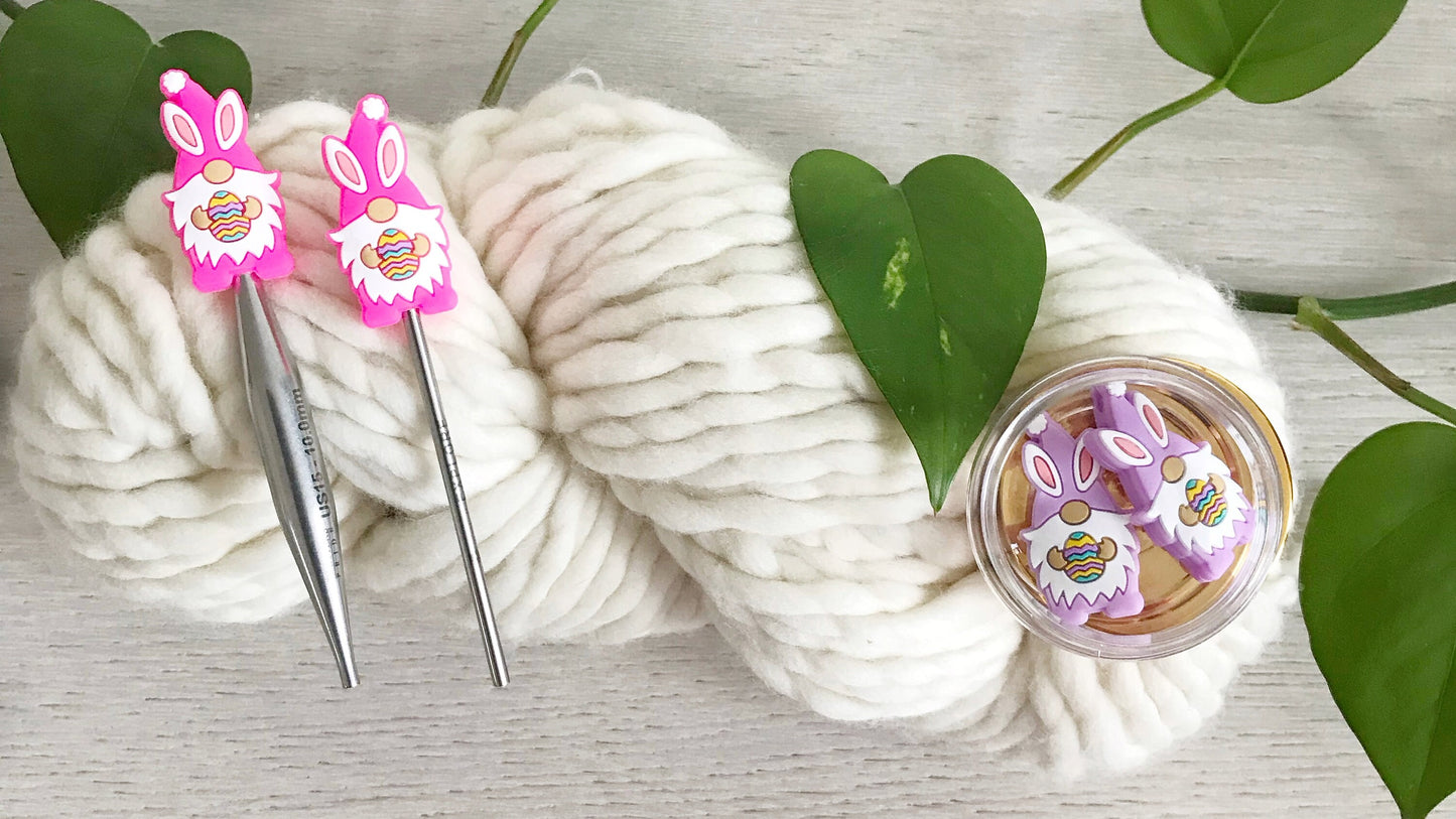 Colorful Easter Bunny Gnomes holding Easter Eggs, knitting needle buddy, Set of 2 Festive stitch stoppers, knitting needle point protectors