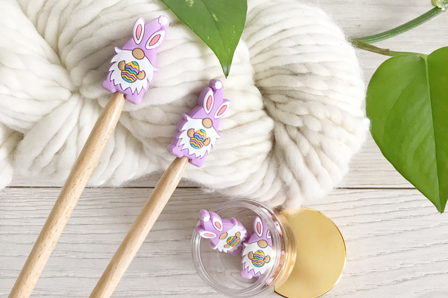 Colorful Easter Bunny Gnomes holding Easter Eggs, knitting needle buddy, Set of 2 Festive stitch stoppers, knitting needle point protectors