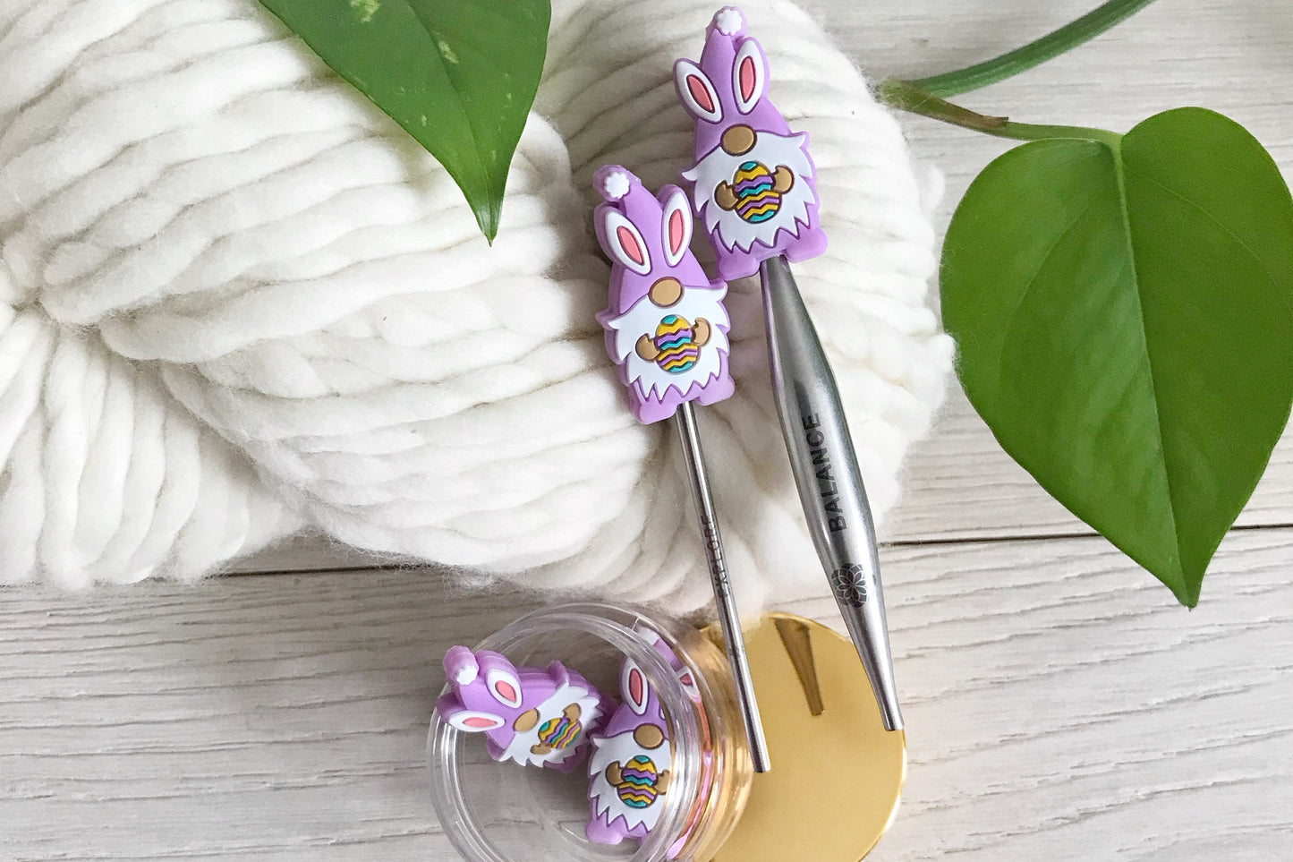 Colorful Easter Bunny Gnomes holding Easter Eggs, knitting needle buddy, Set of 2 Festive stitch stoppers, knitting needle point protectors