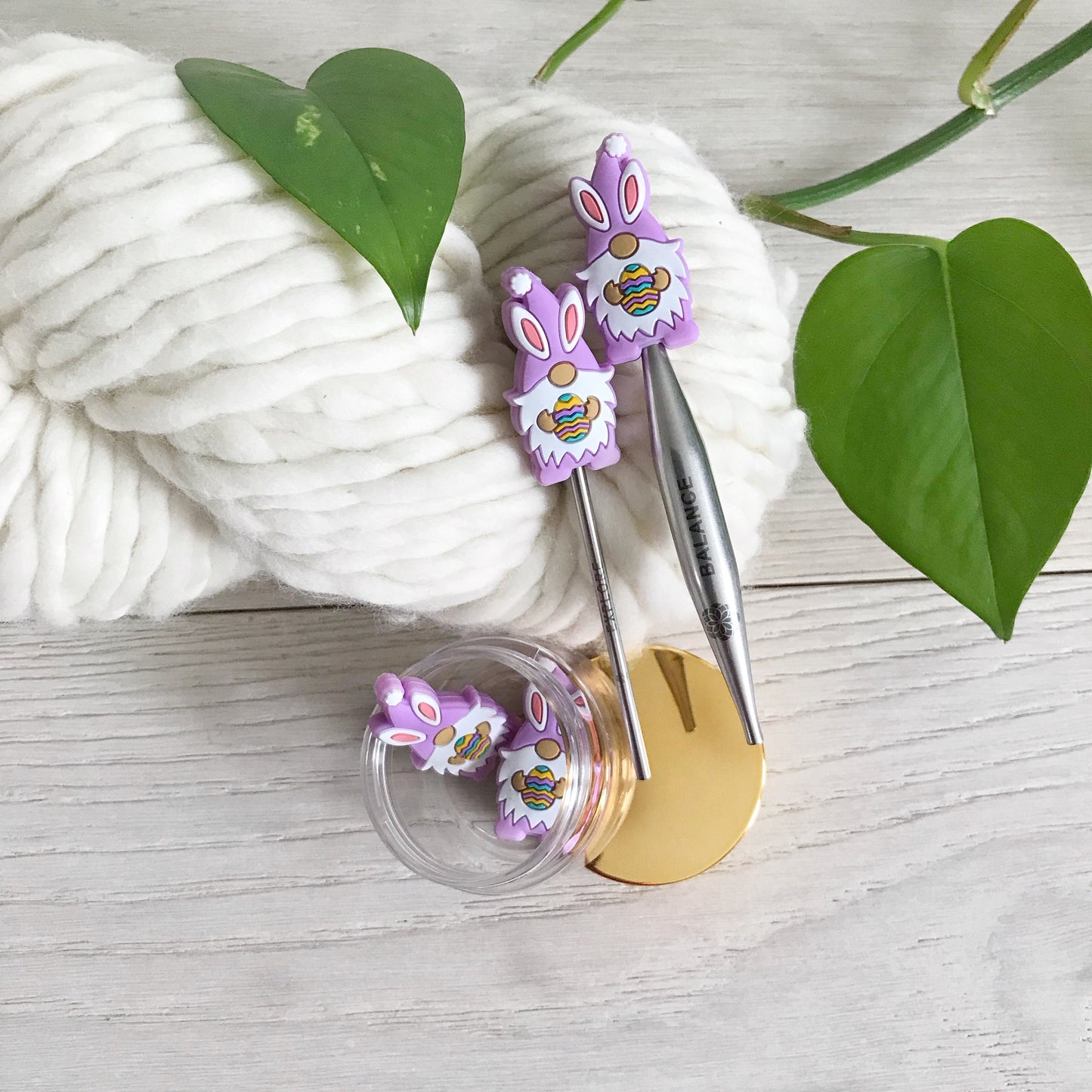 Colorful Easter Bunny Gnomes holding Easter Eggs, knitting needle buddy, Set of 2 Festive stitch stoppers, knitting needle point protectors