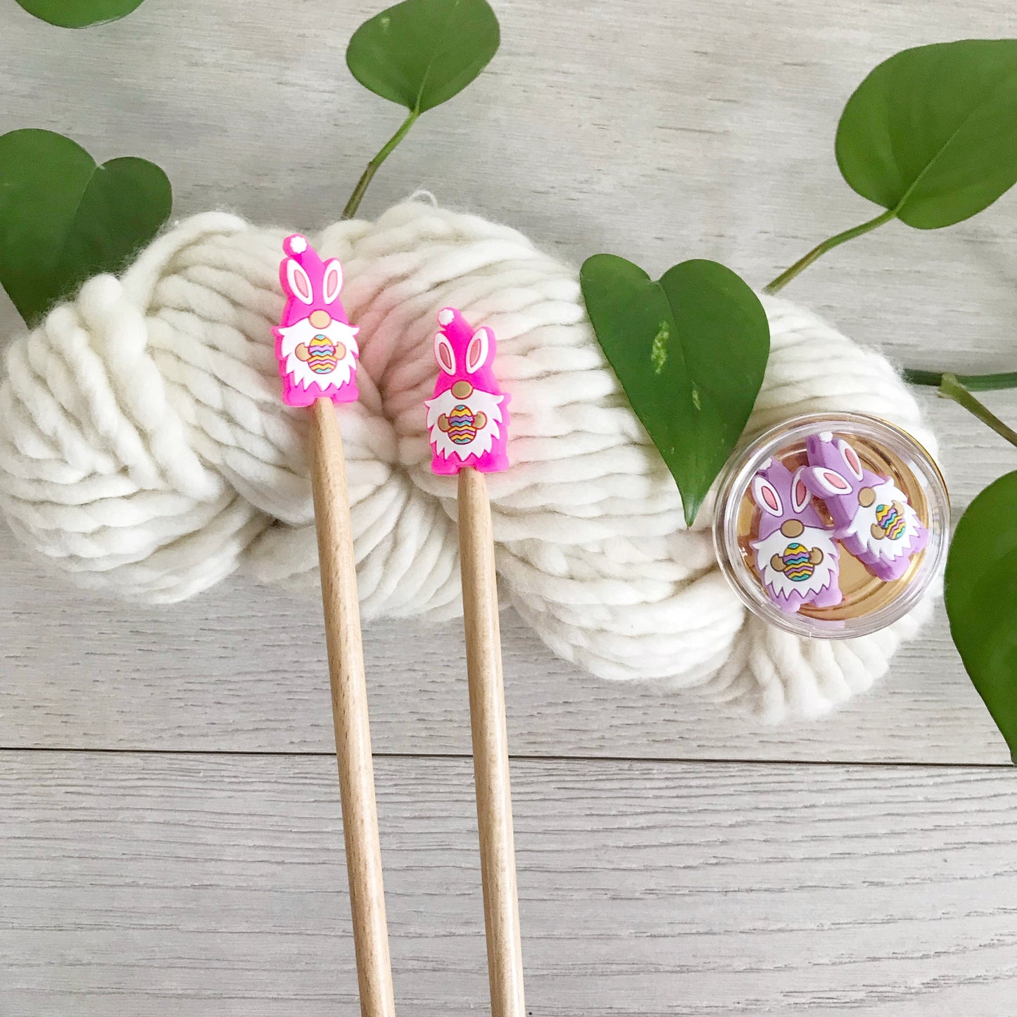 Colorful Easter Bunny Gnomes holding Easter Eggs, knitting needle buddy, Set of 2 Festive stitch stoppers, knitting needle point protectors