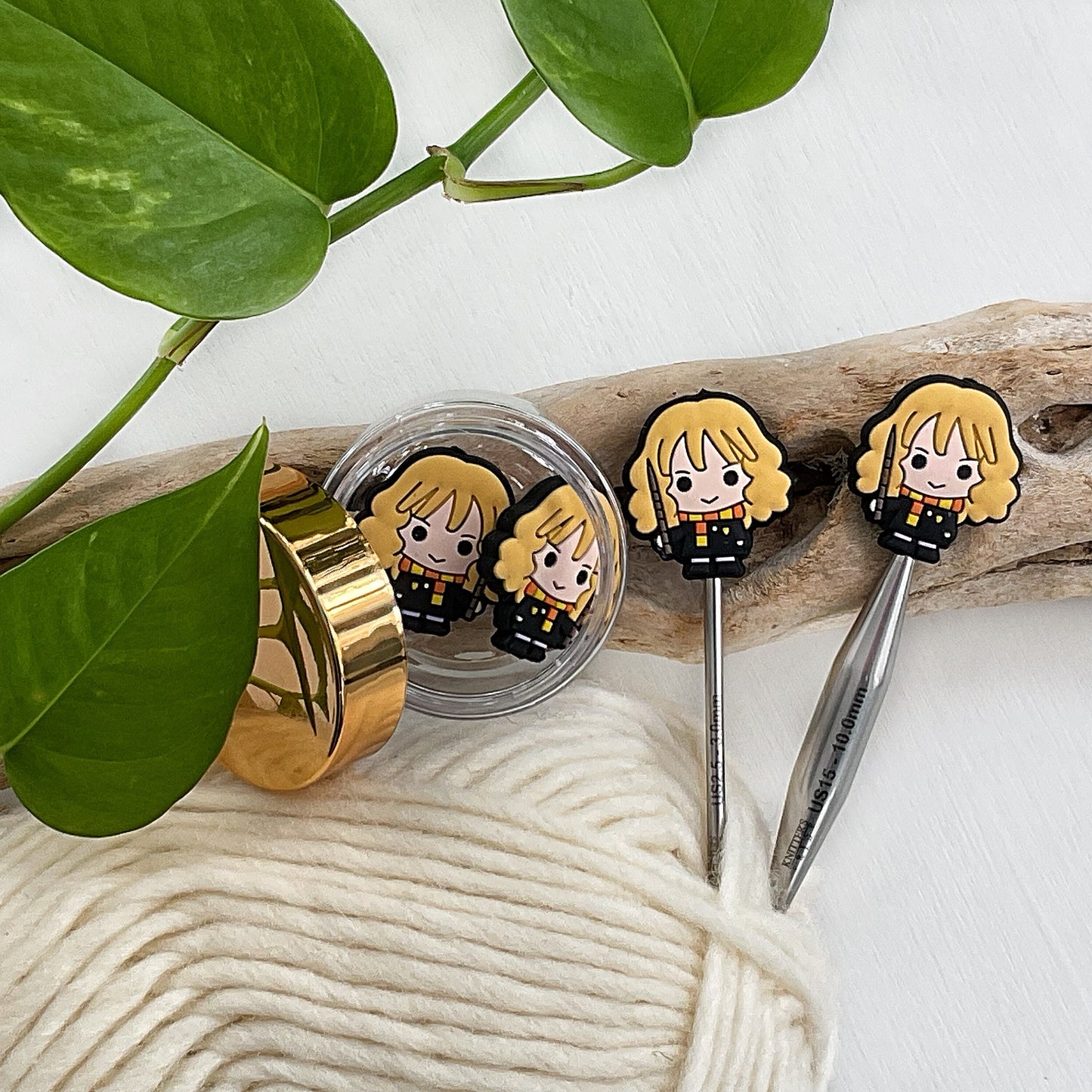 Blonde Wizard Knitting Stitch Stoppers, Girl Wizard, Set of 2 knitting needle point protectors, Wizard School student,