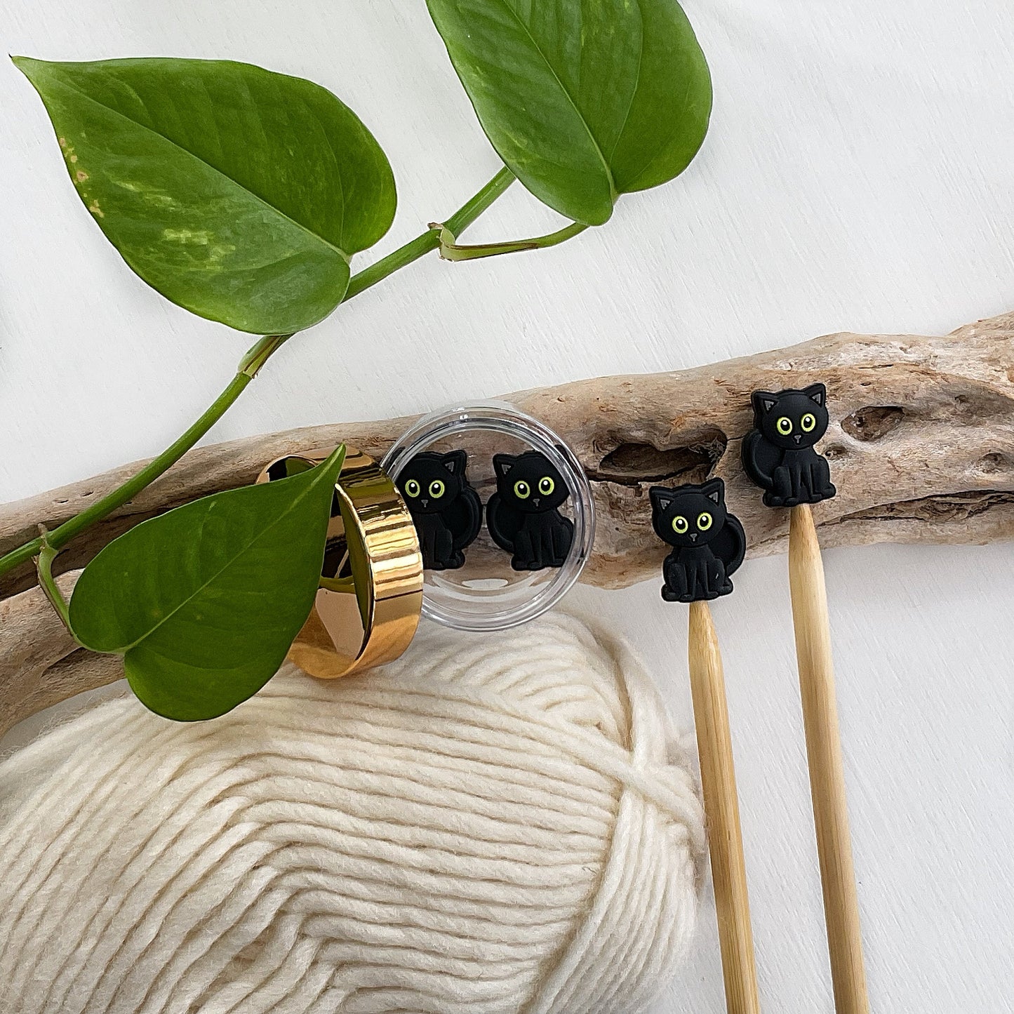 BEAUTIFUL BLACK CAT with green eyes knitting needle buddy, Set of 2 feline stitch stoppers, knitting needle point protectors, familiar