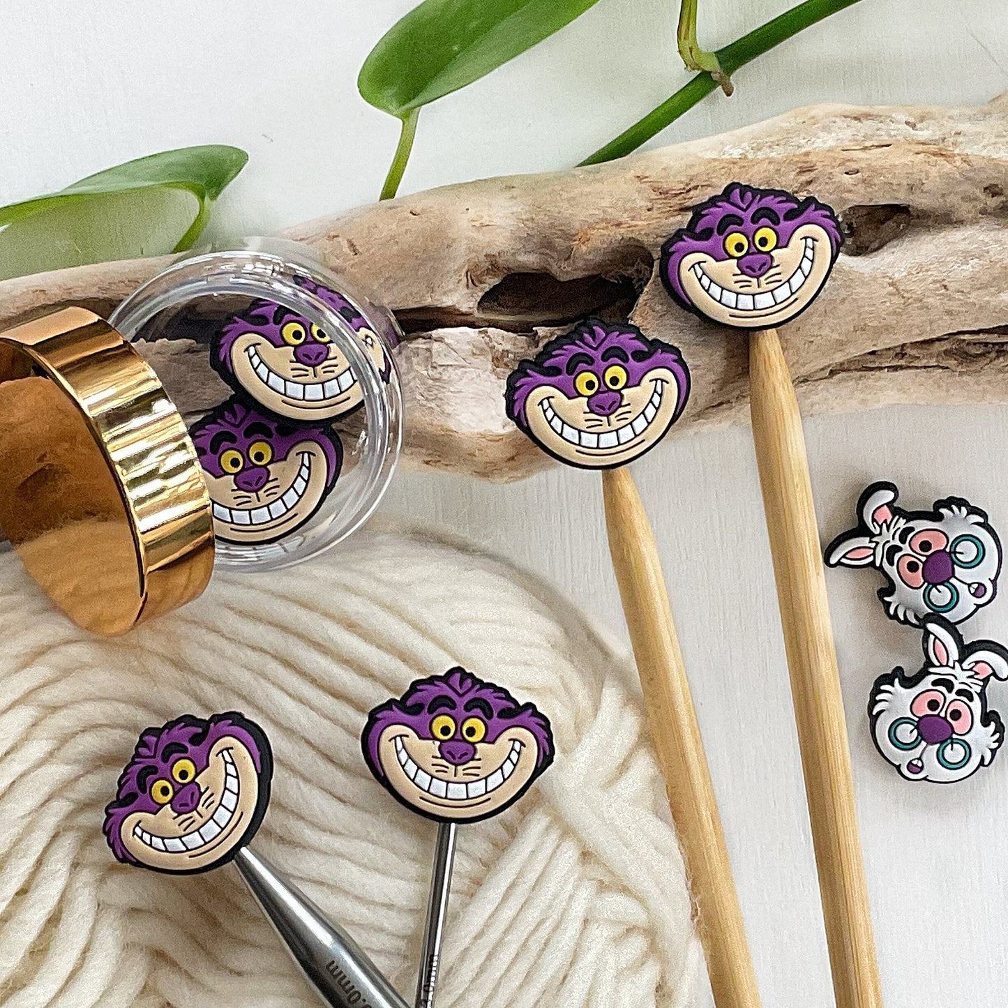 Cheshire Cat, Wonderland, knitting needle buddy, Set of 2 fairy tale Alice in Wonderland, stitch stoppers knitting needle point protectors